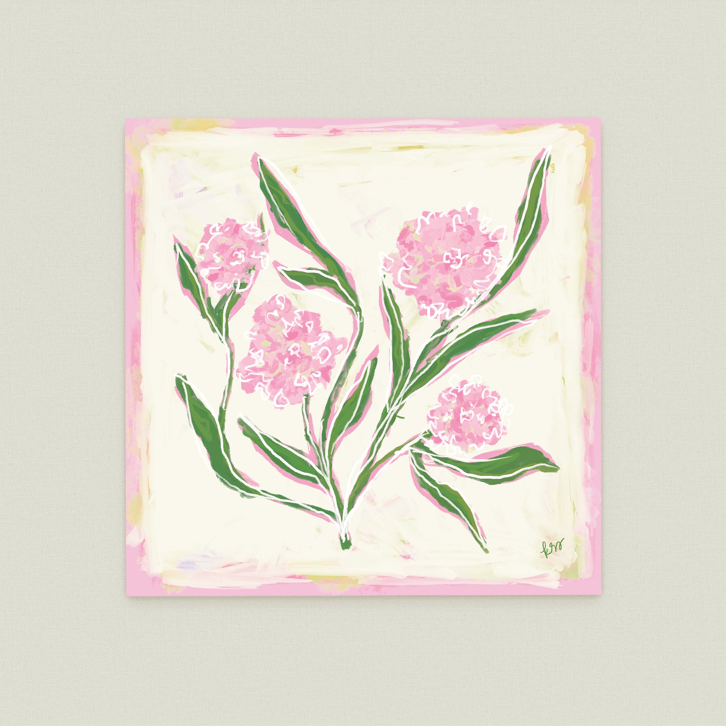 The image is a square painting featuring a bouquet of pink flowers with green leaves.