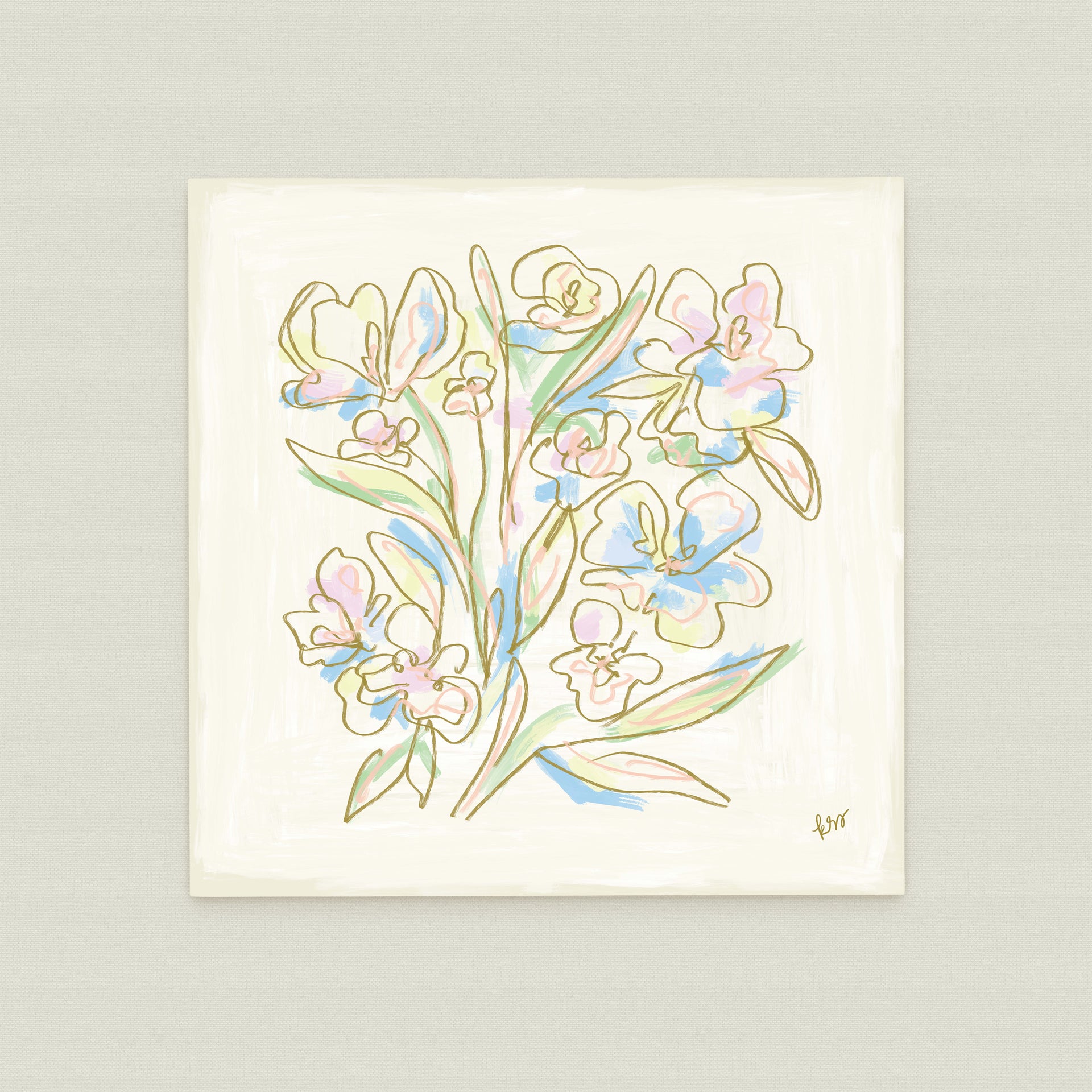 The image is a square-shaped illustration featuring a variety of colorful flowers and leaves in a stylized, abstract manner.
