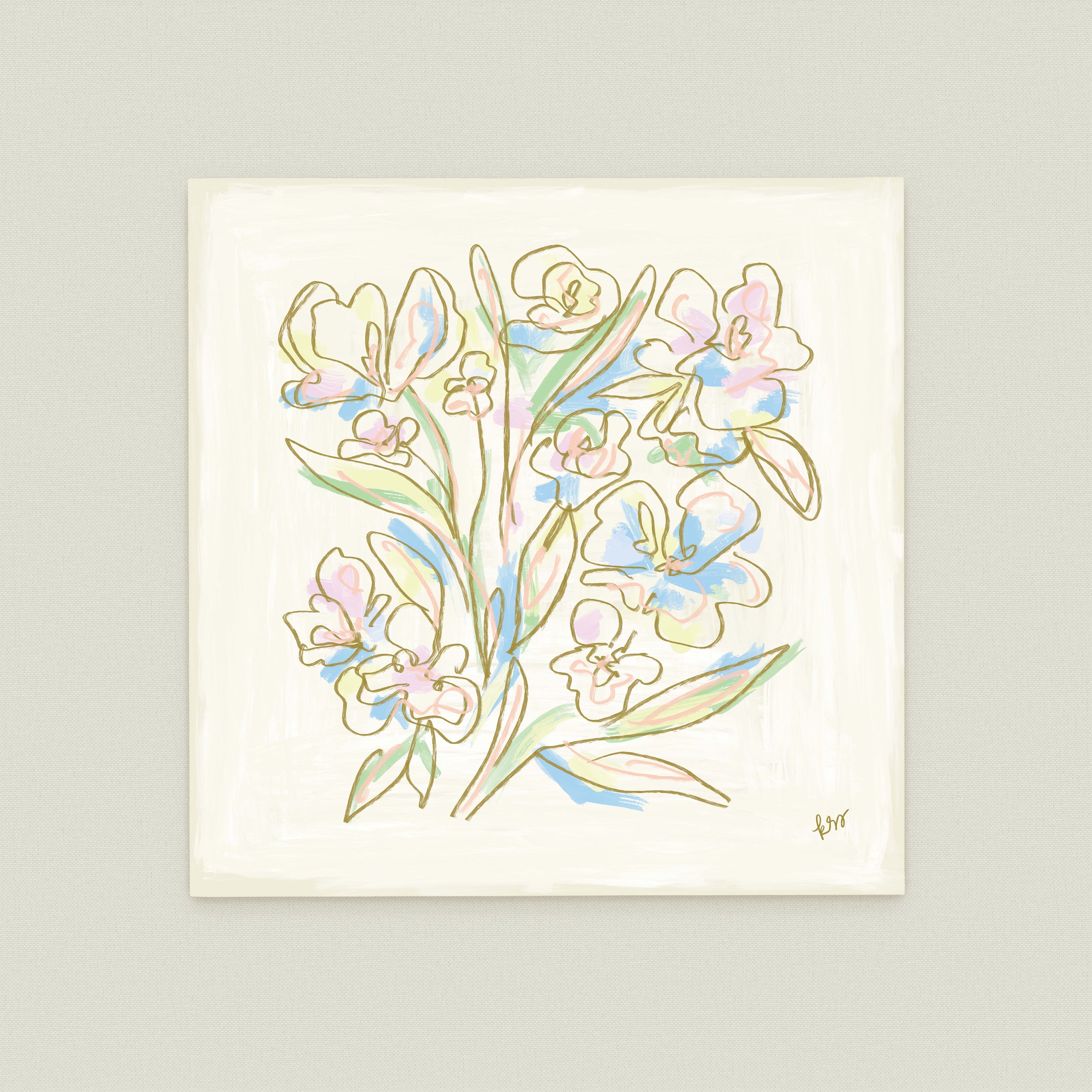 The image is a square-shaped illustration featuring a variety of colorful flowers and leaves in a stylized, abstract manner.