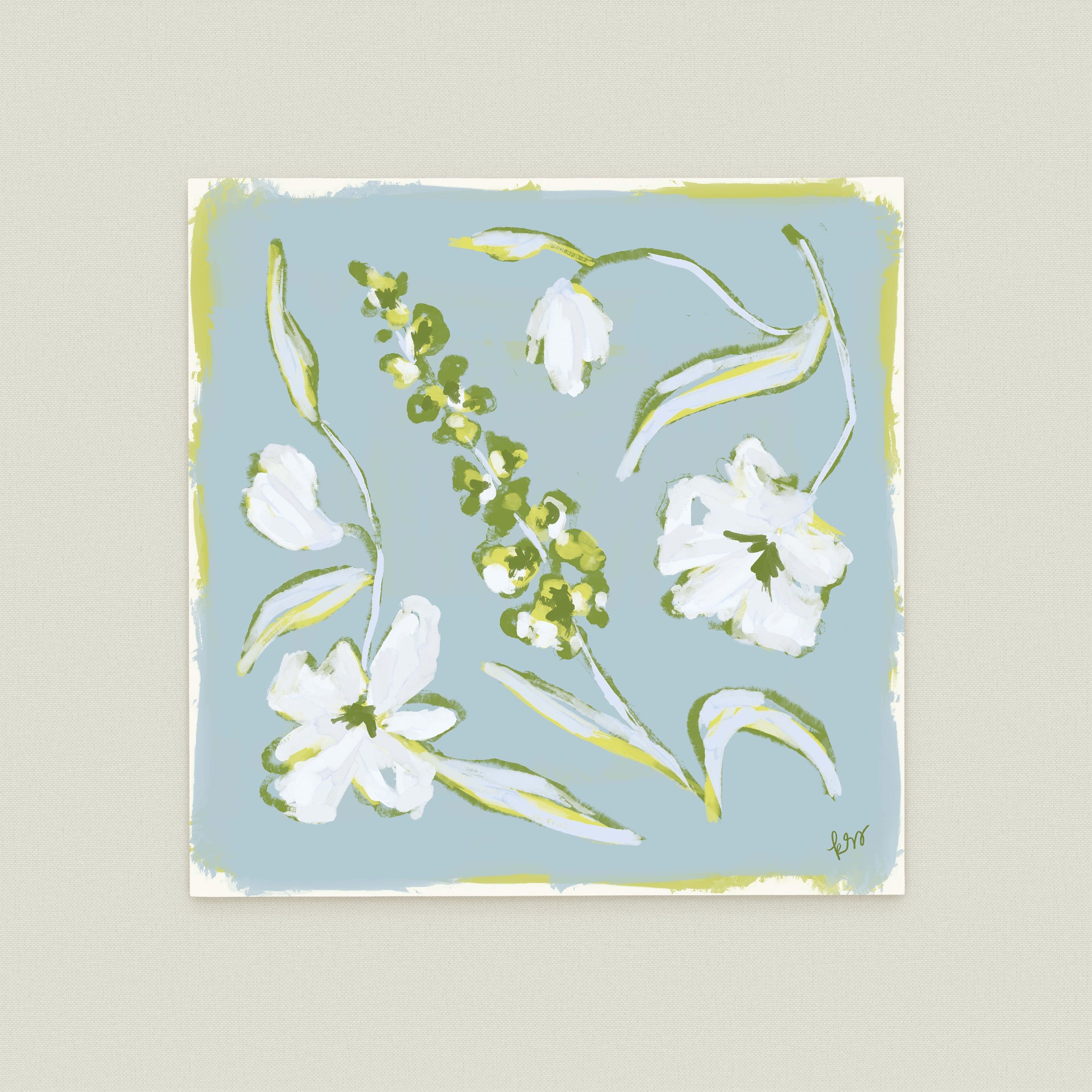 The image is a square painting featuring various white flowers and green leaves against a light blue background.