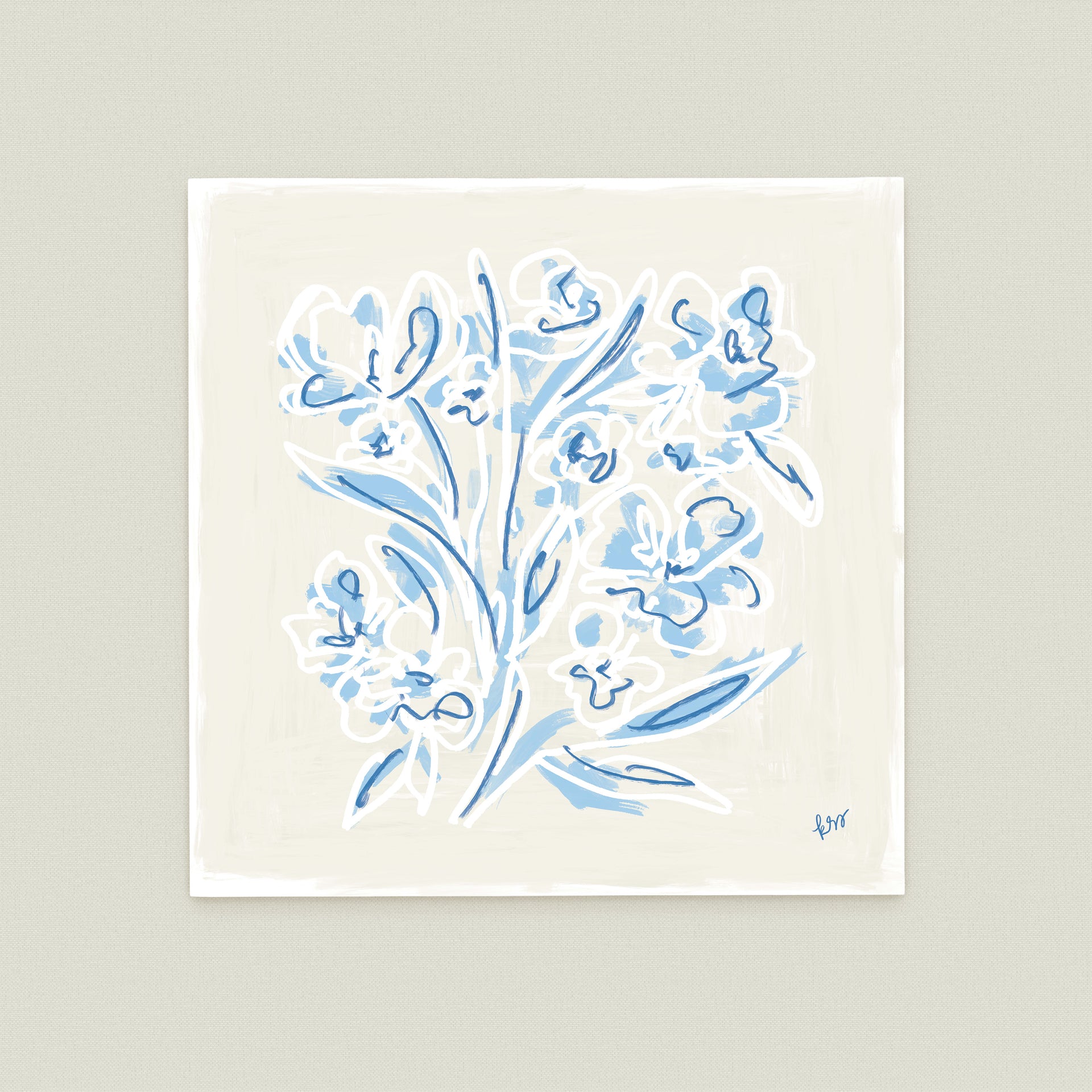 The image is a square-shaped illustration featuring a stylized floral design with blue and white elements.