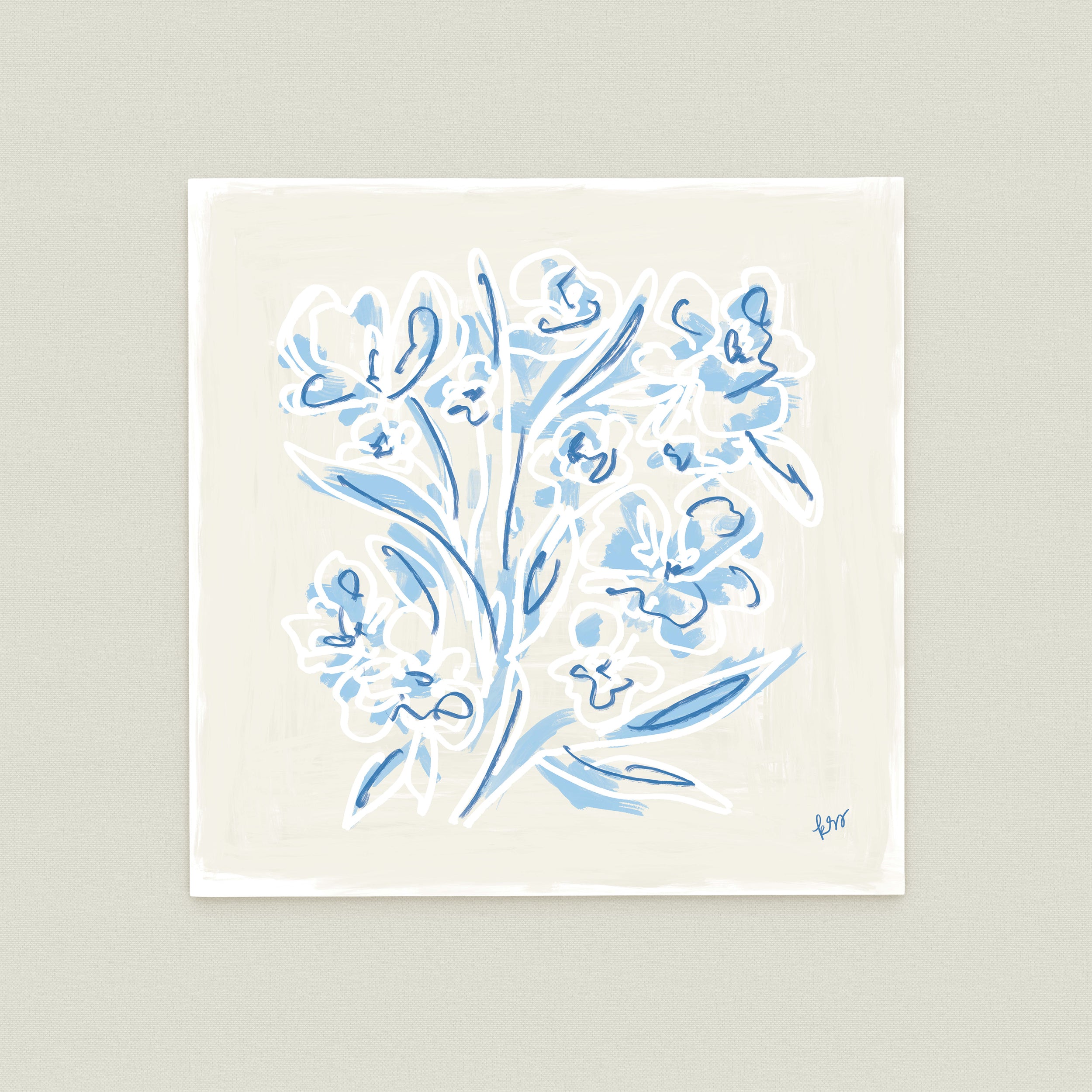 The image is a square-shaped illustration featuring a stylized floral design with blue and white elements.