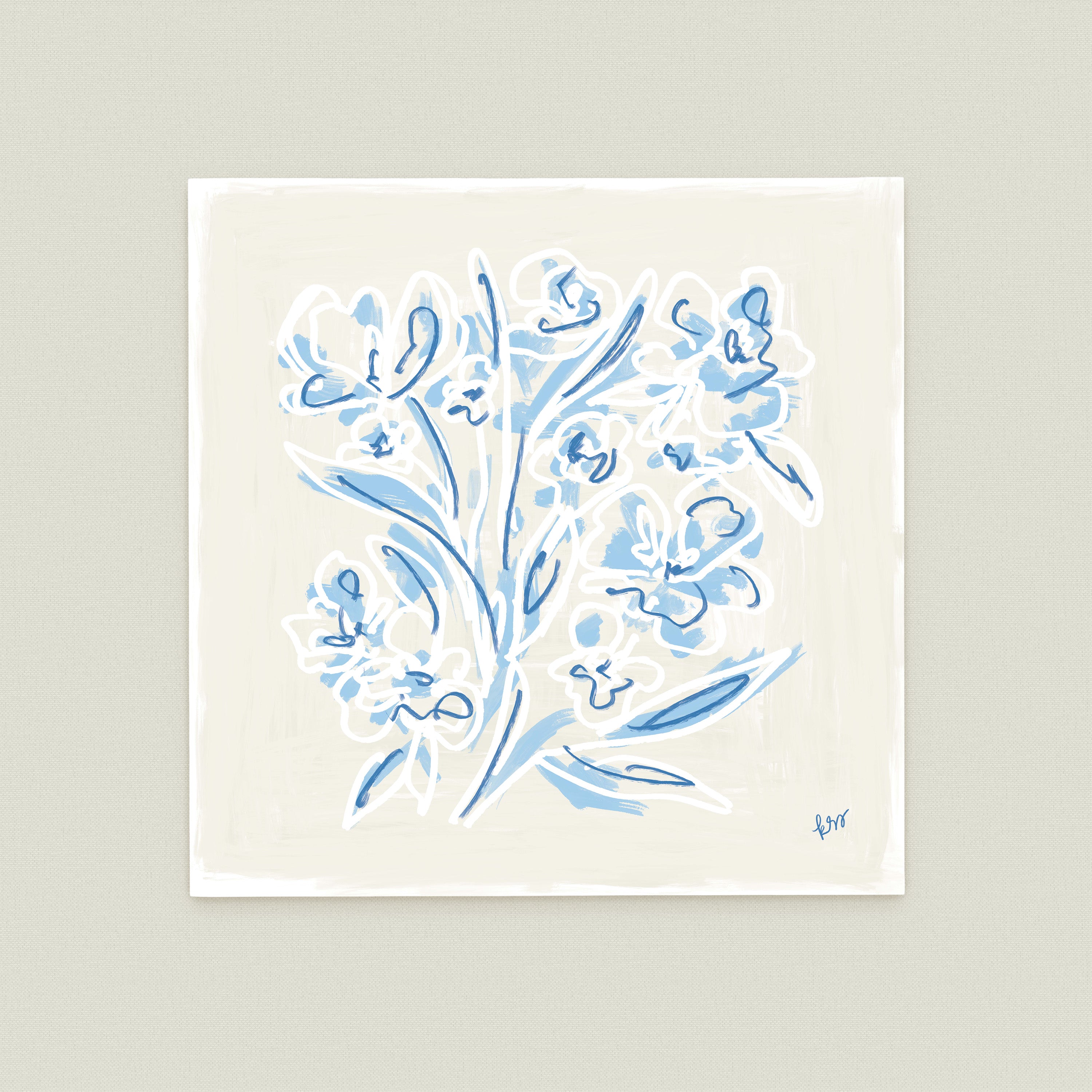 The image is a square-shaped illustration featuring a stylized floral design with blue and white elements.