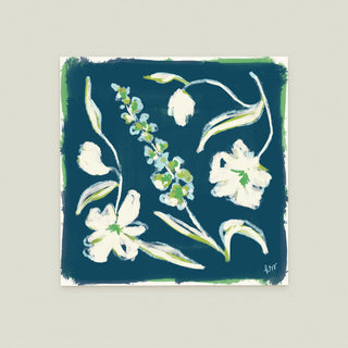 Garden Arrangement No. 7: various white flowers and leaves against a dark blue background.