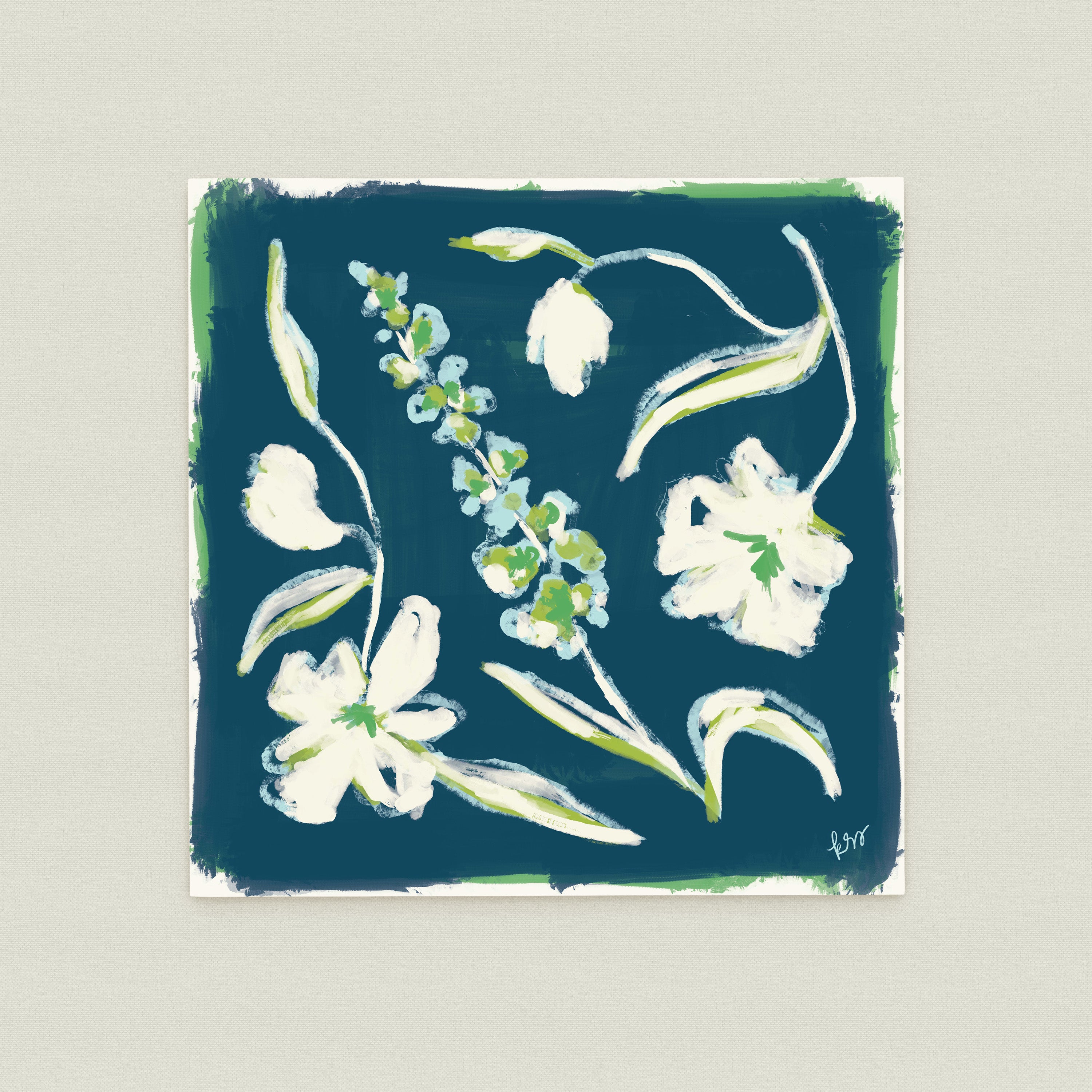 The image is a square painting featuring various white flowers and leaves against a dark blue background.