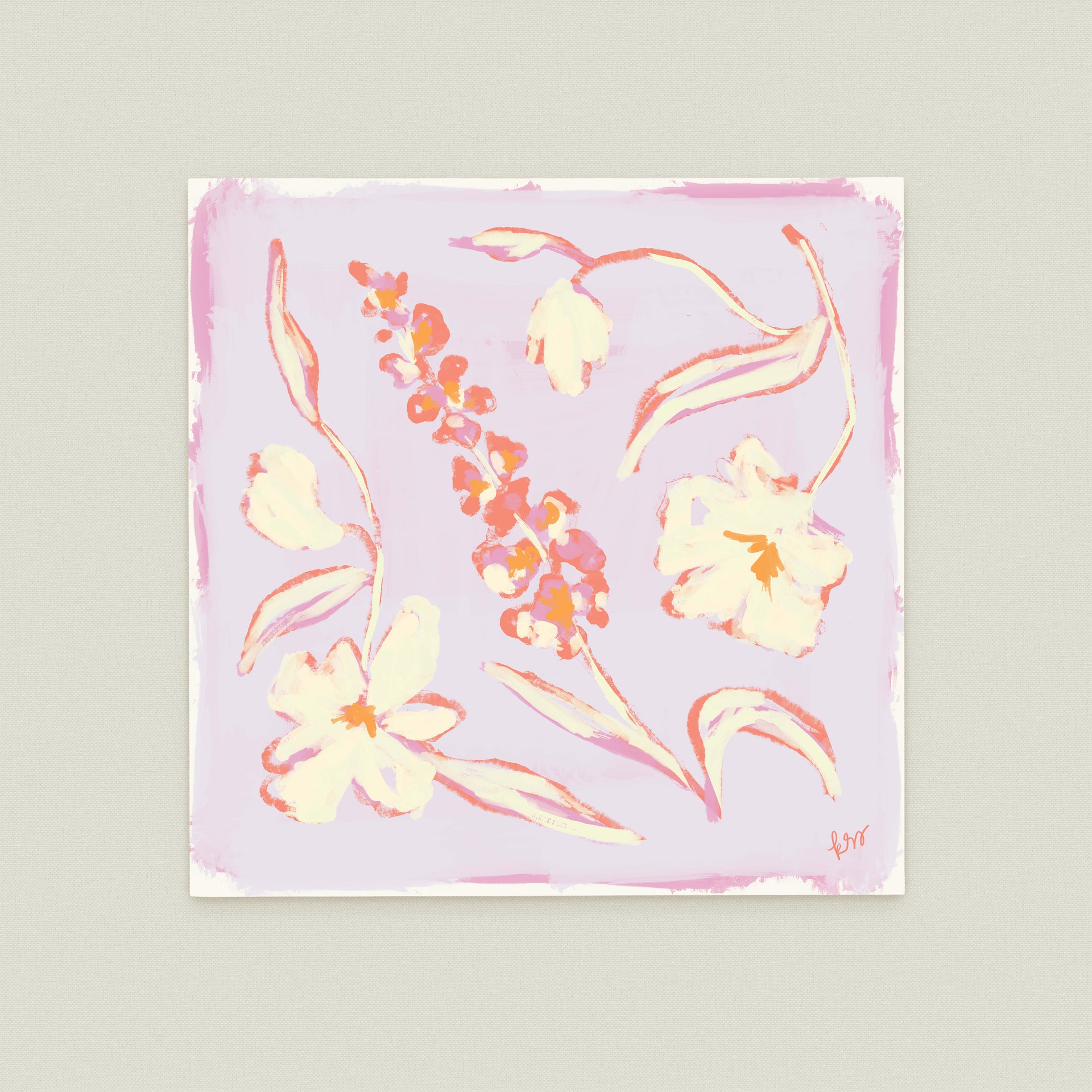 The image is a square painting featuring a variety of colorful flowers, including pink, white, and orange flowers, arranged in a visually appealing manner.