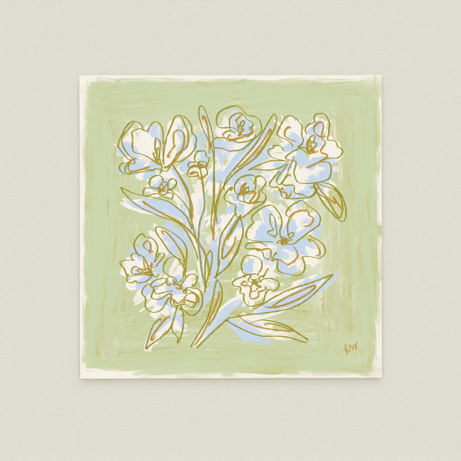 The image is a square painting featuring a stylized arrangement of flowers in various shades of blue and white against a light green background.
