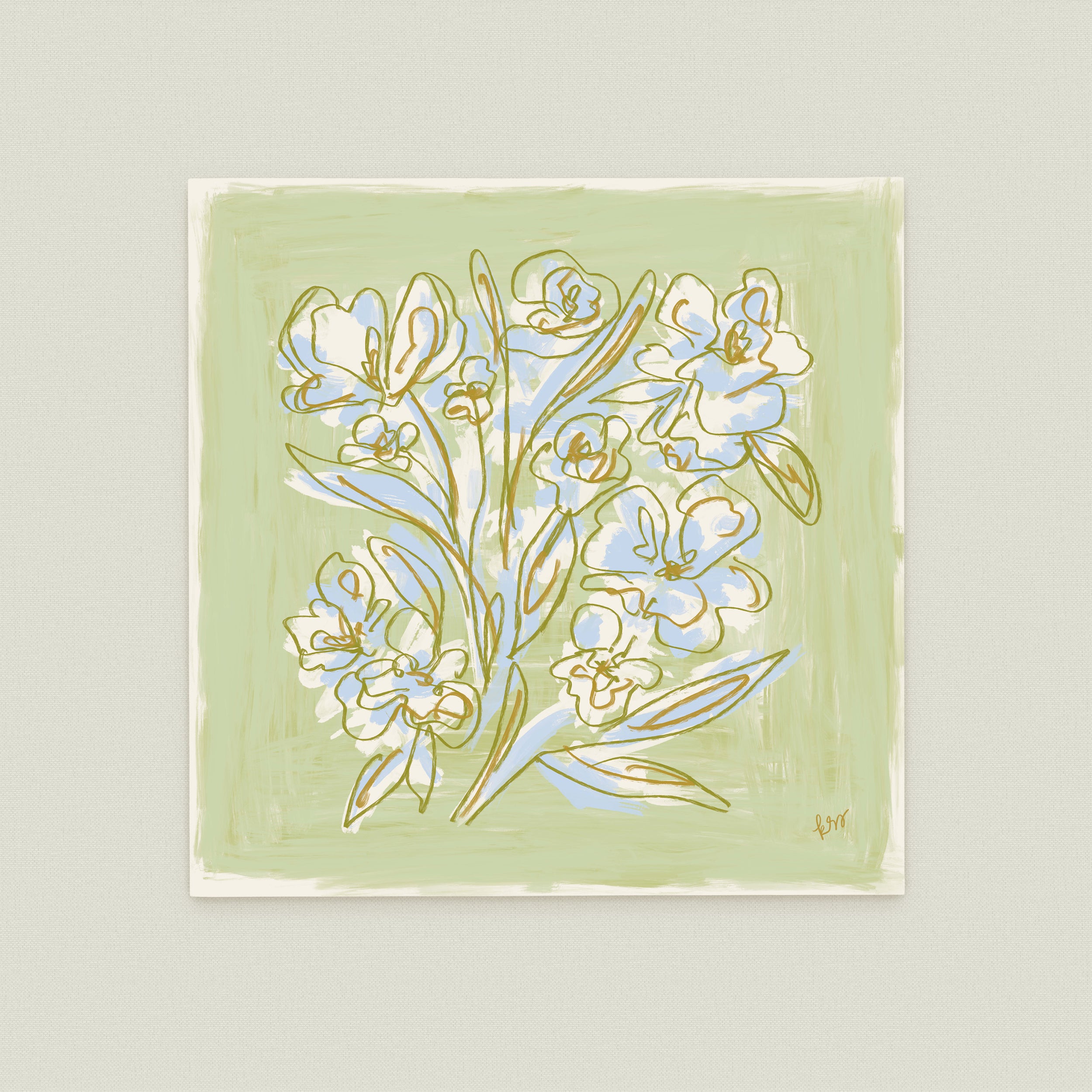 The image is a square painting featuring a stylized arrangement of flowers in various shades of blue and white against a light green background.