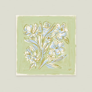 Floral Sketch No. 3: a stylized arrangement of flowers in various shades of blue and white against a light green background.
