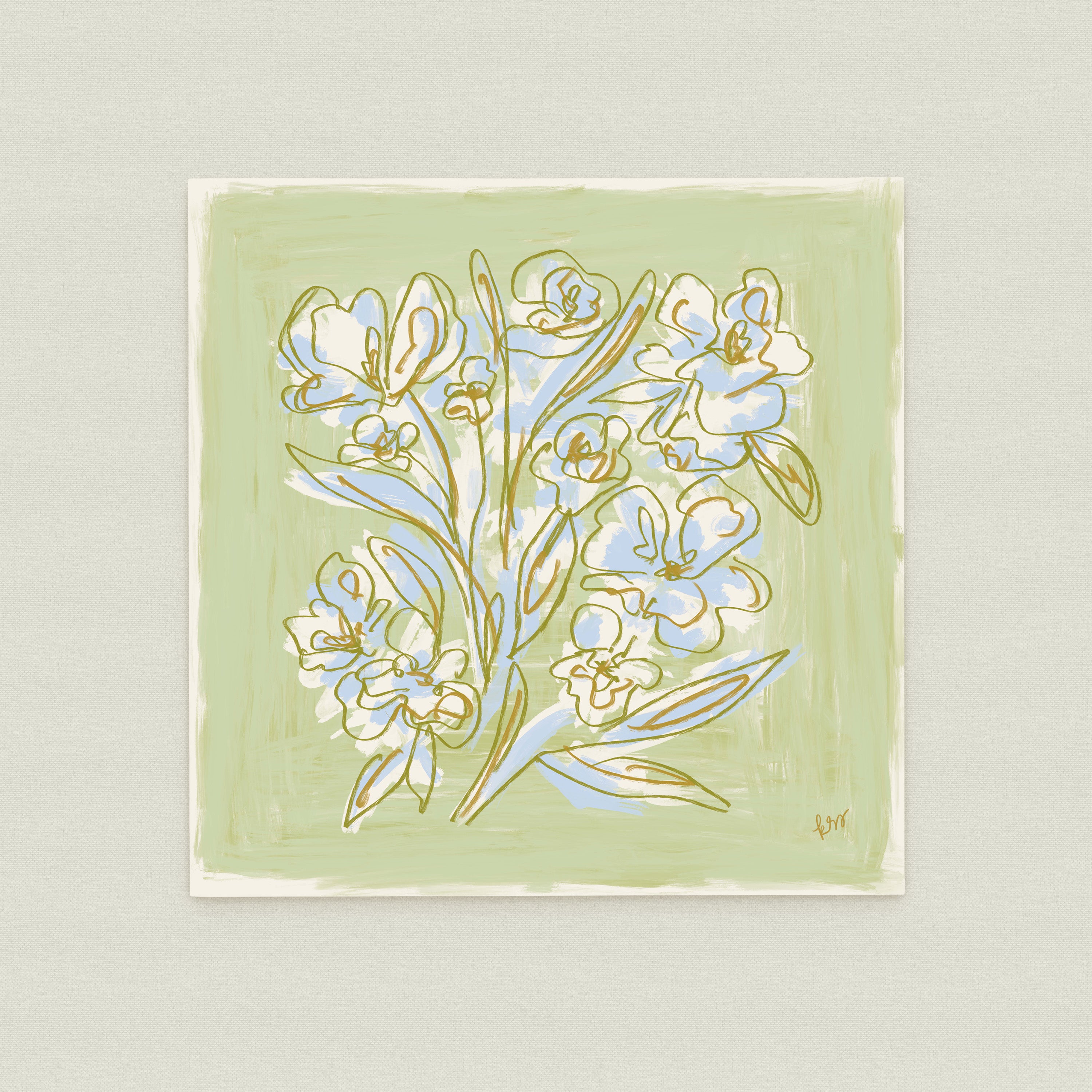 The image is a square painting featuring a stylized arrangement of flowers in various shades of blue and white against a light green background.