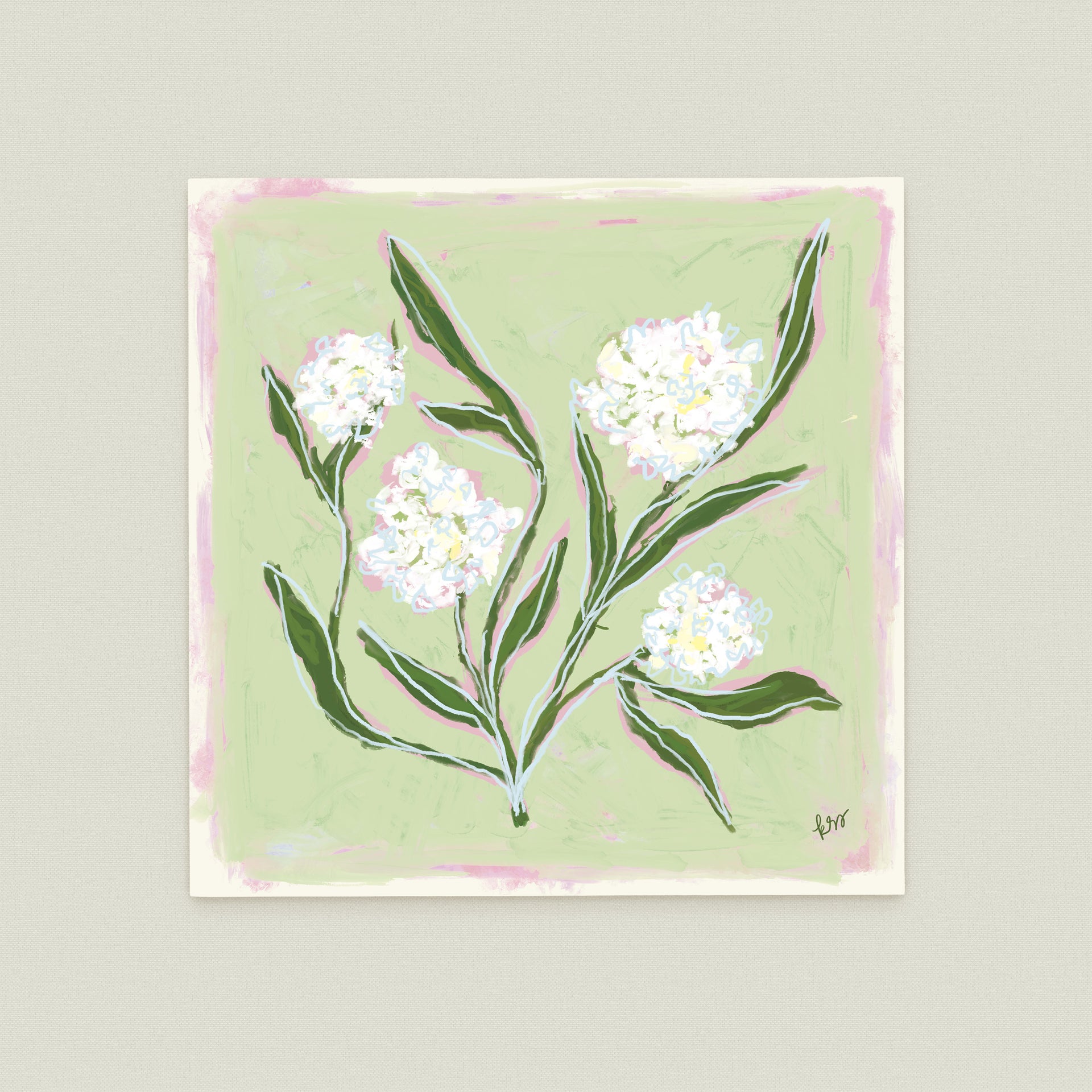 The image is a square painting featuring a group of white flowers with green leaves against a light green background.