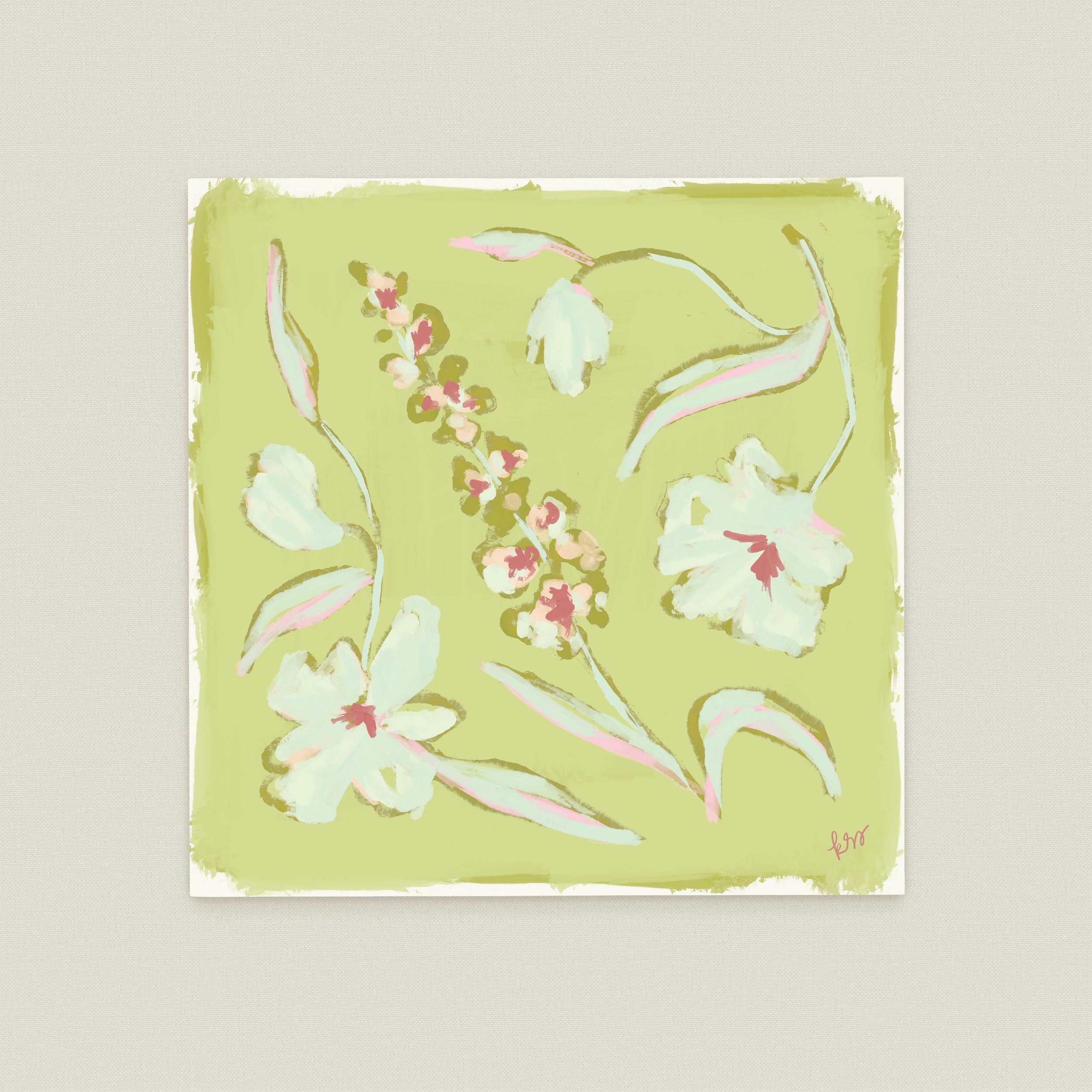 The image is a square painting featuring a variety of colorful flowers and leaves in shades of green and pink.