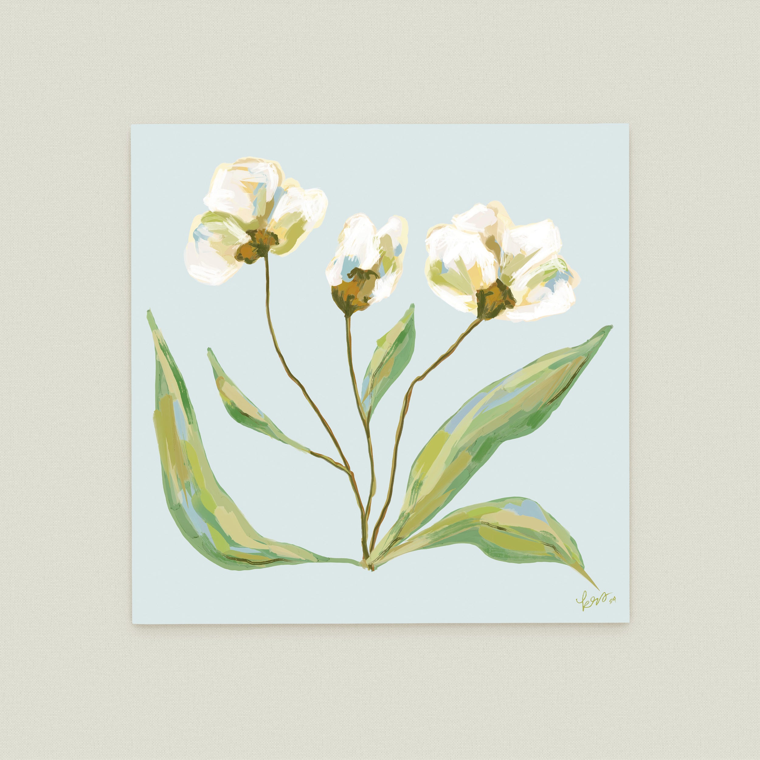 A painting of three white flowers with green leaves against a light blue background.