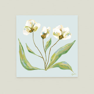 Field Notes Spring No. 3: three white flowers with green leaves against a light blue background.
