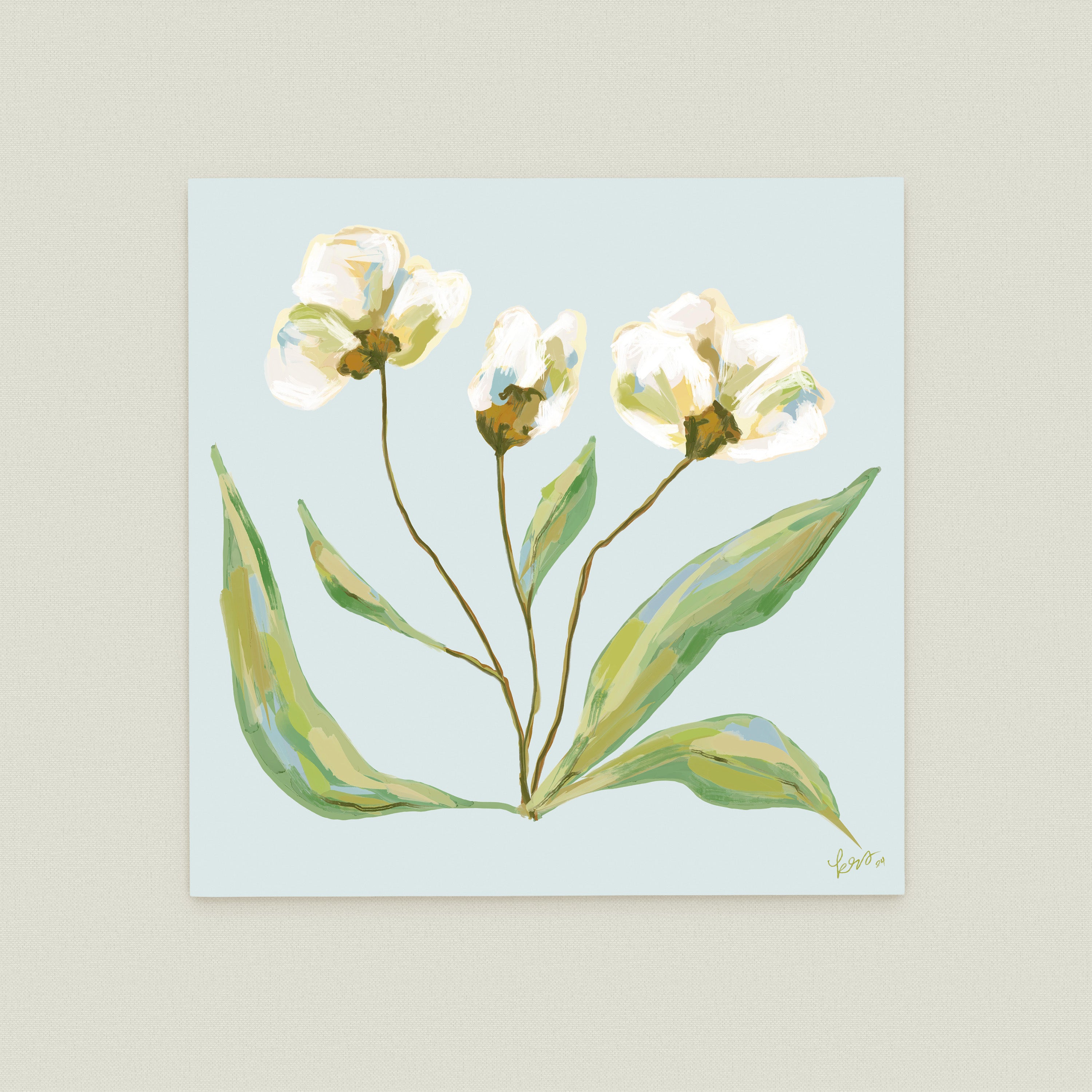 A painting of three white flowers with green leaves against a light blue background.