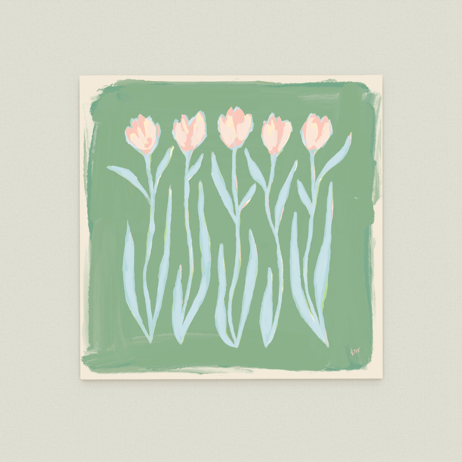 The image is a painting of five pink flowers with green stems, arranged in a row against a green background.