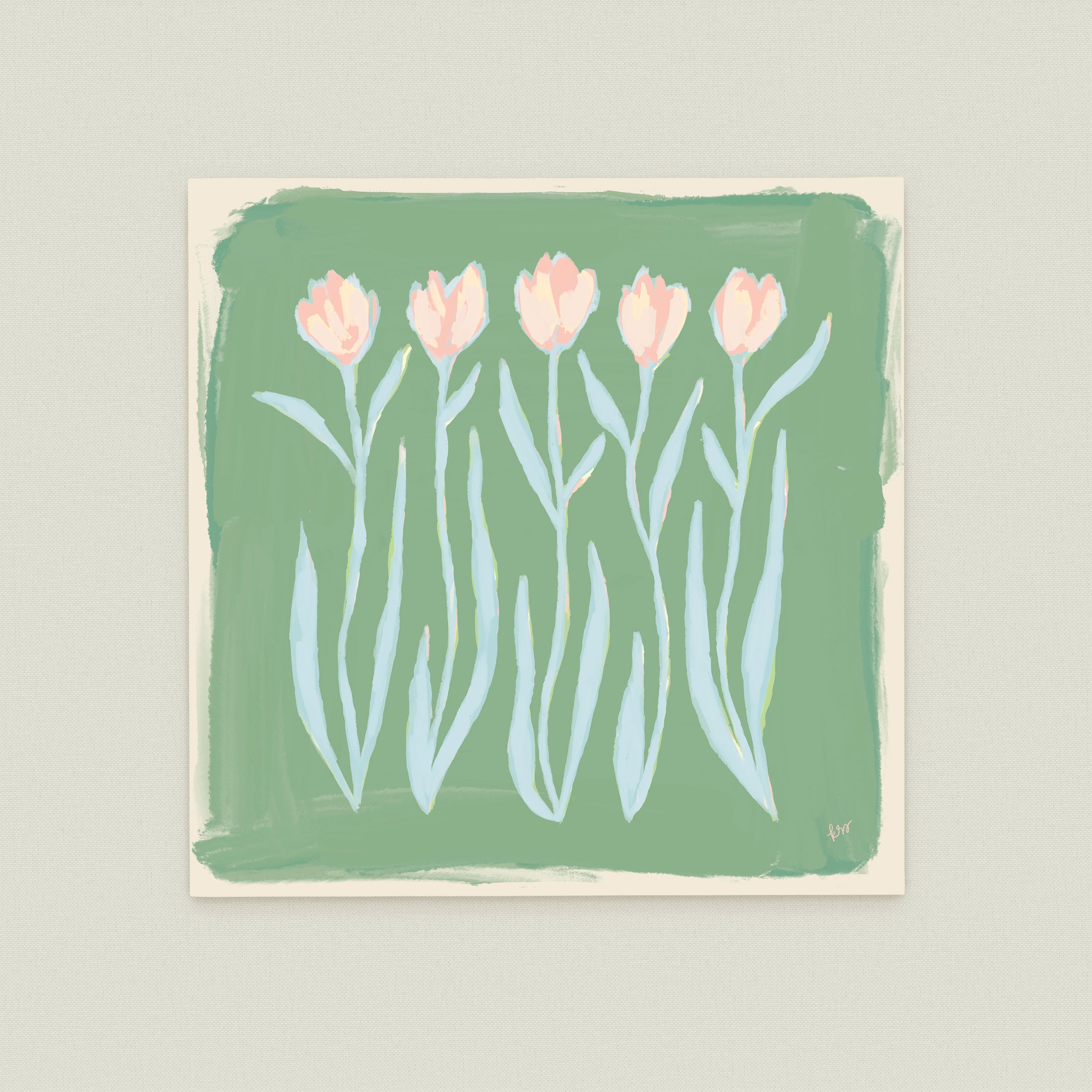 The image is a painting of five pink flowers with green stems, arranged in a row against a green background.