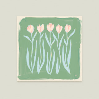 Tulip Quartet No. 3: five pink flowers with green stems, arranged in a row against a green background.