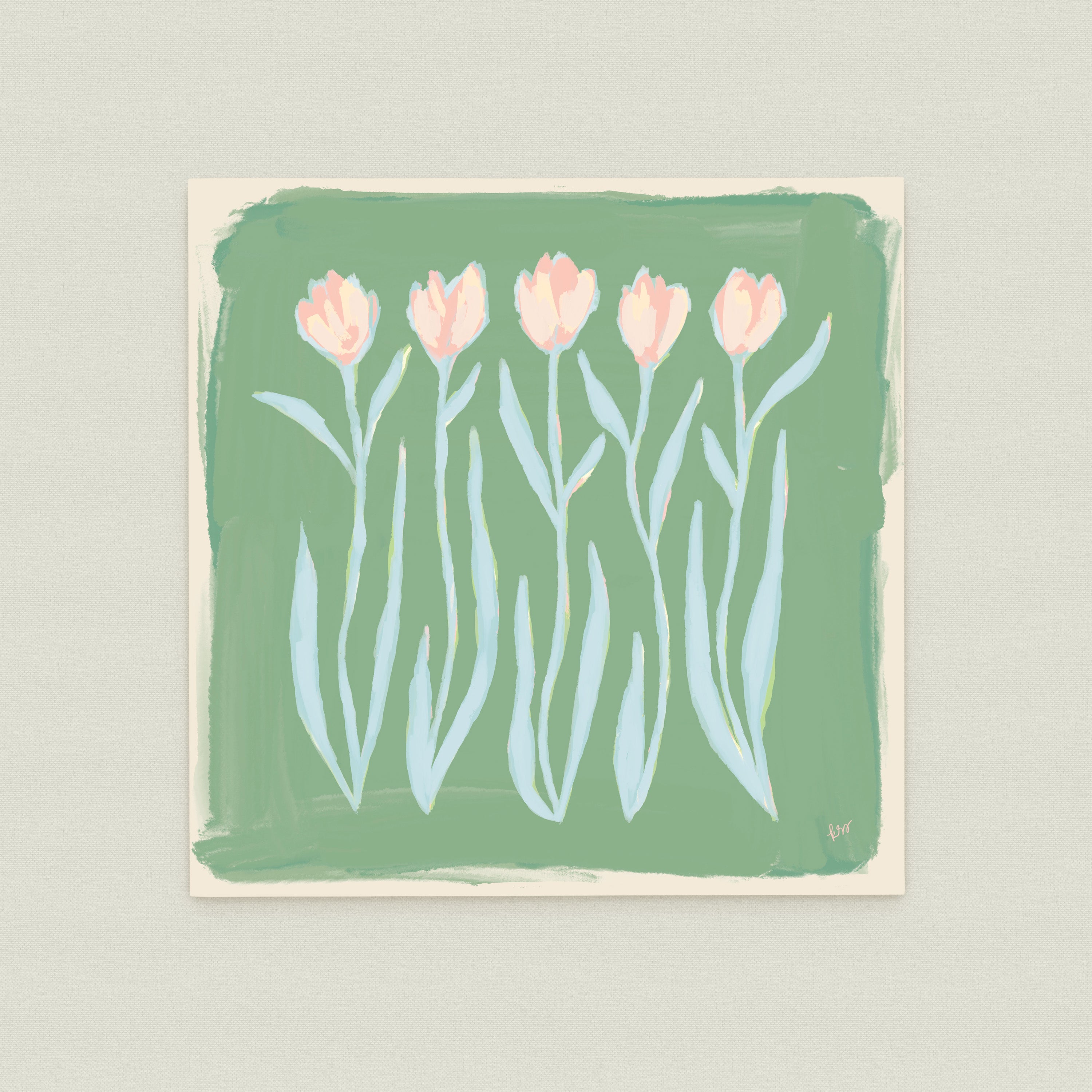 The image is a painting of five pink flowers with green stems, arranged in a row against a green background.