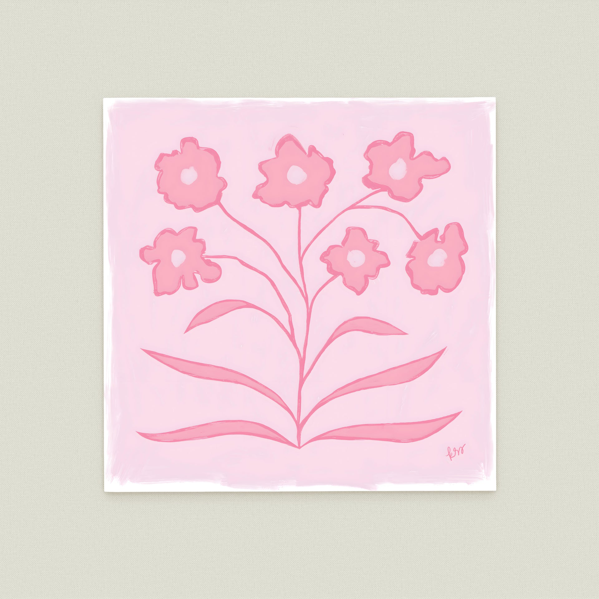 A square painting with a pink background and stylized pink flowers.