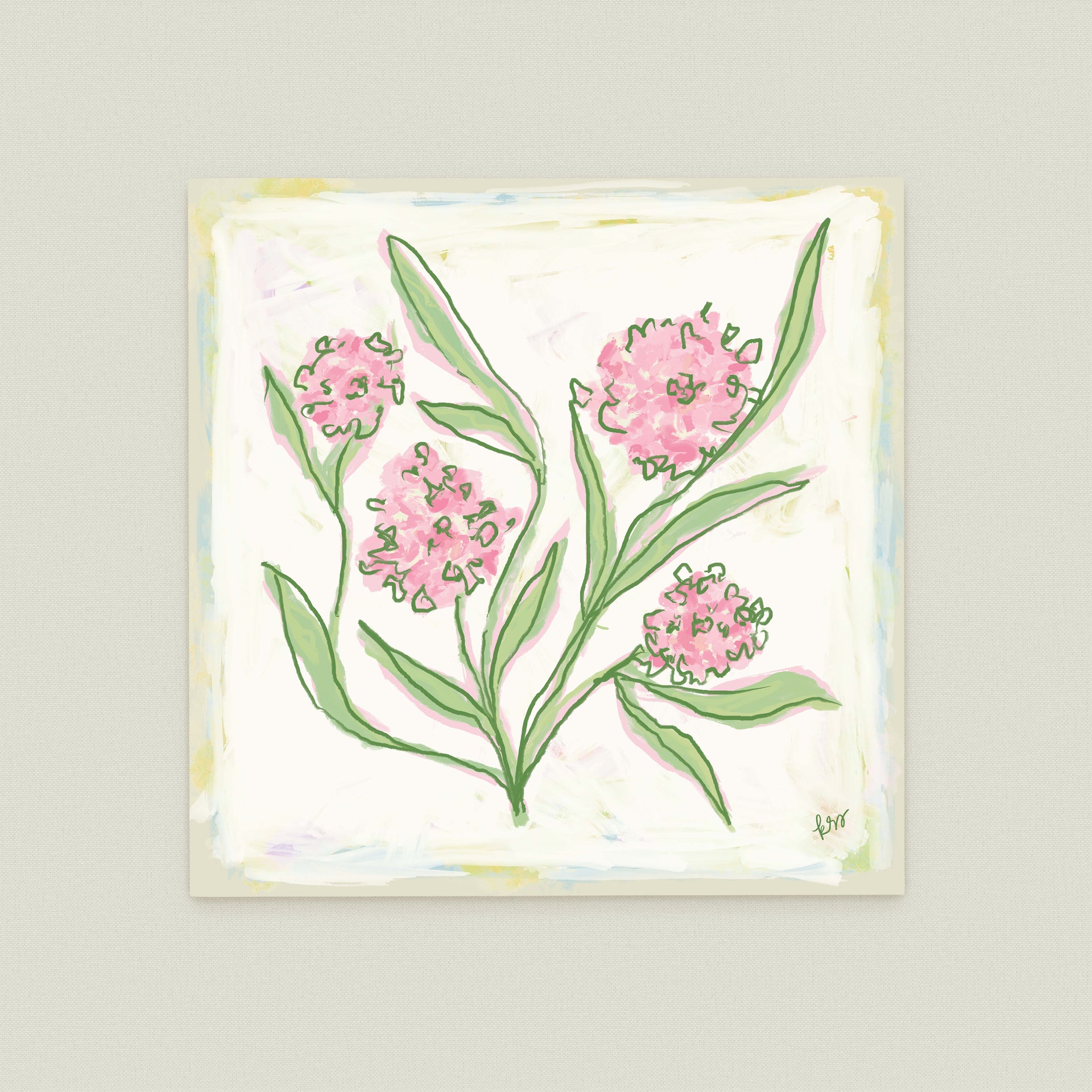 The image is a square painting depicting a bouquet of pink flowers with green leaves.