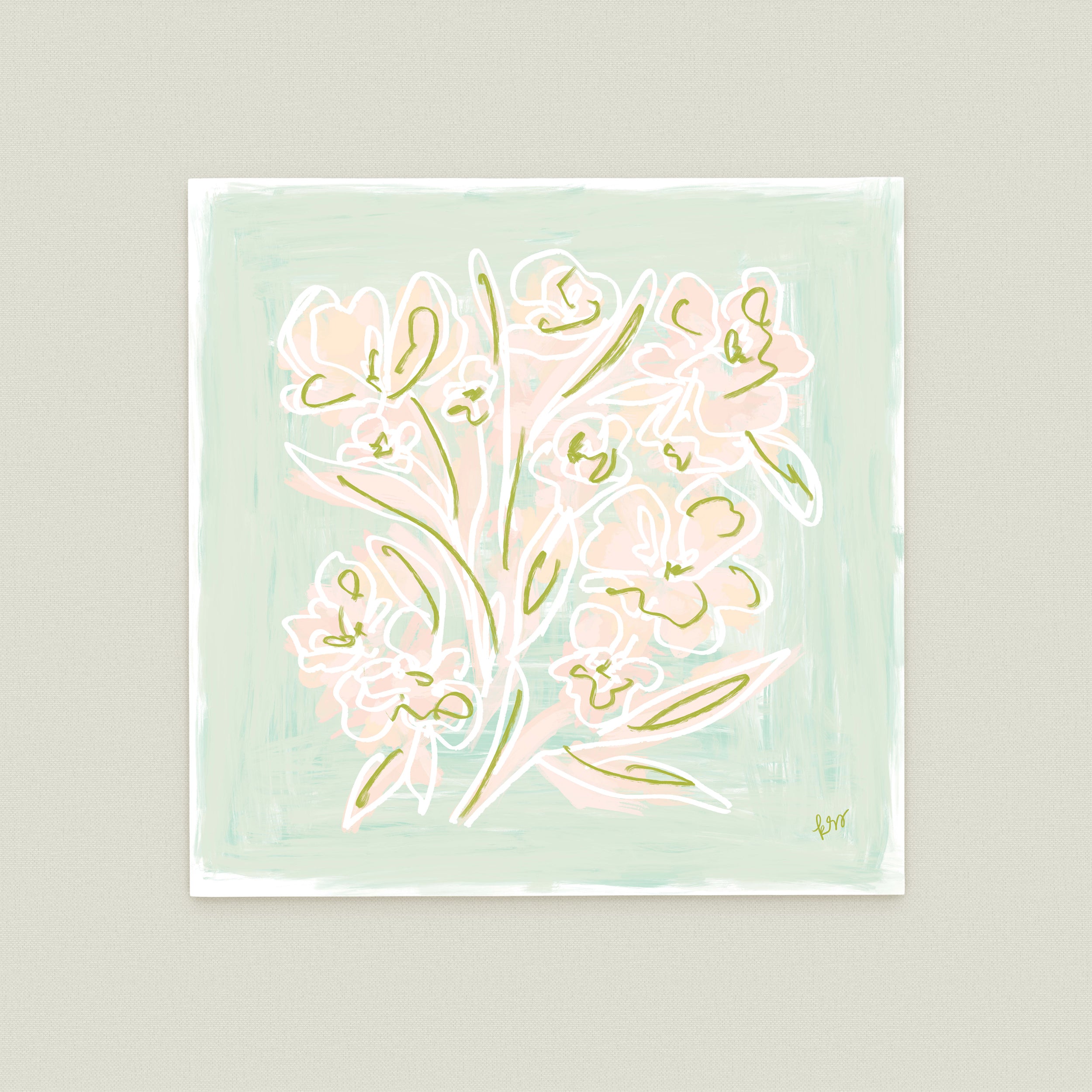 The image is a square-shaped illustration featuring a bouquet of pink and white flowers against a light green background.