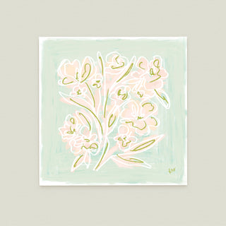 Floral Sketch No. 5: a bouquet of pink and white flowers against a light green background.