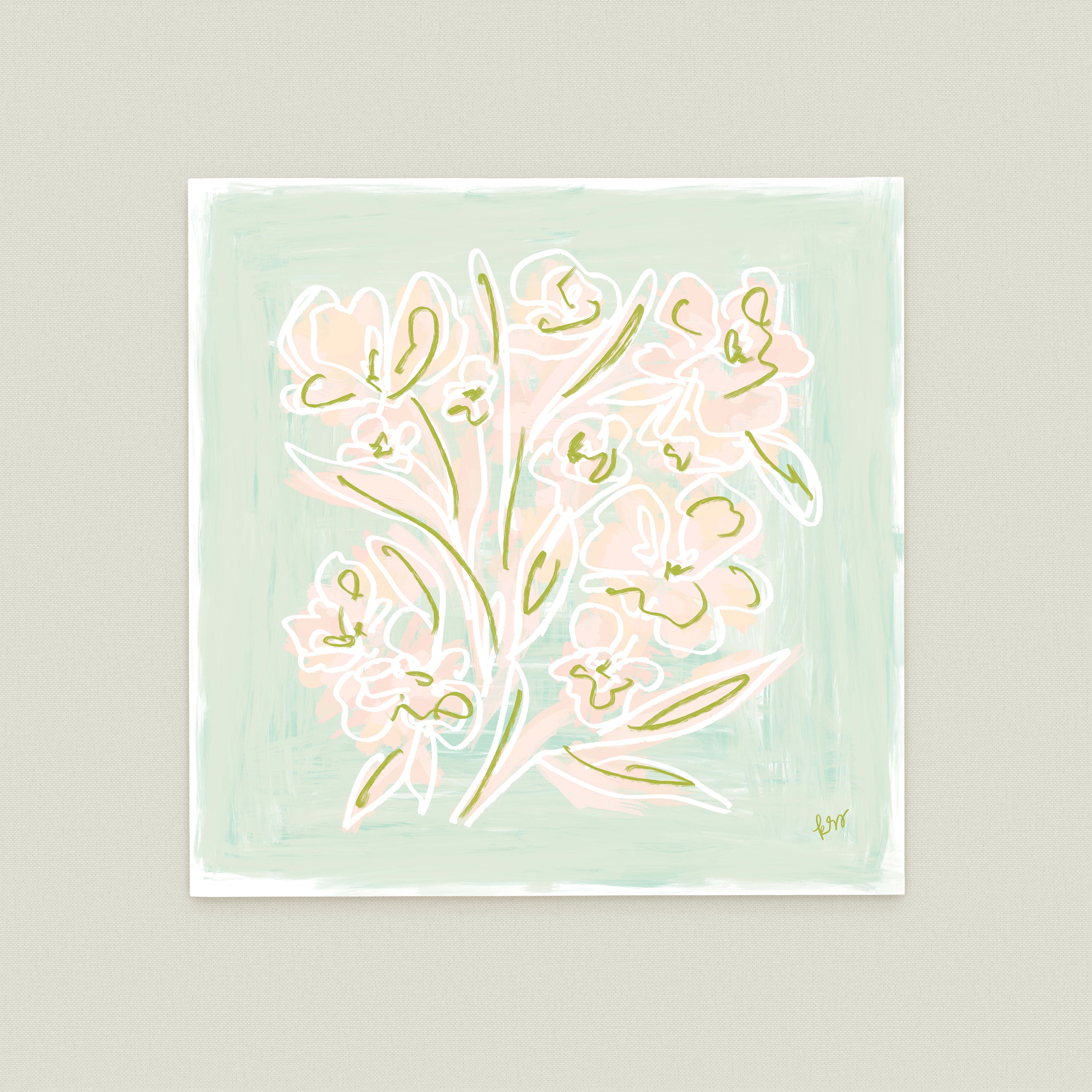 The image is a square-shaped illustration featuring a bouquet of pink and white flowers against a light green background.