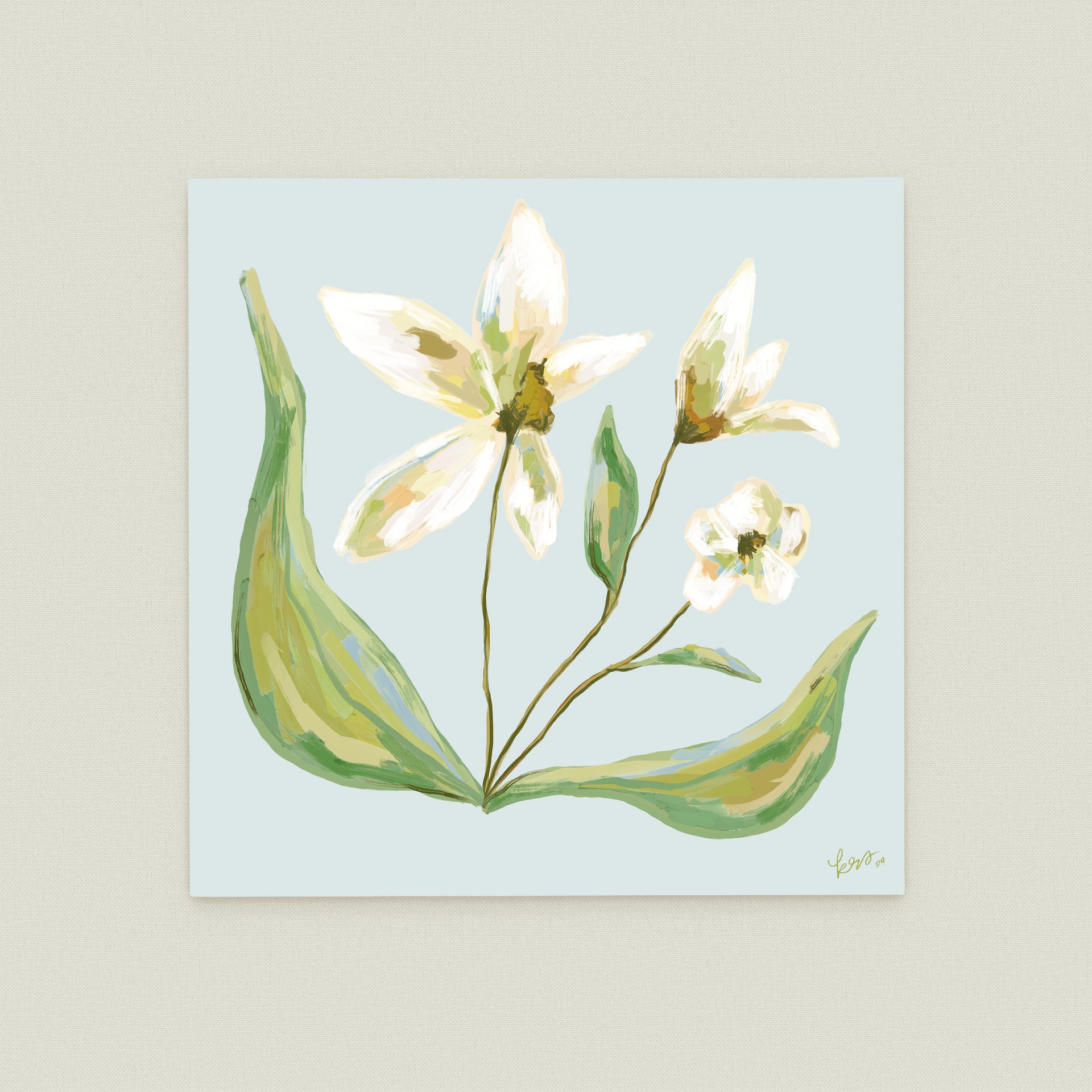 A painting of white flowers with green leaves against a light blue background.