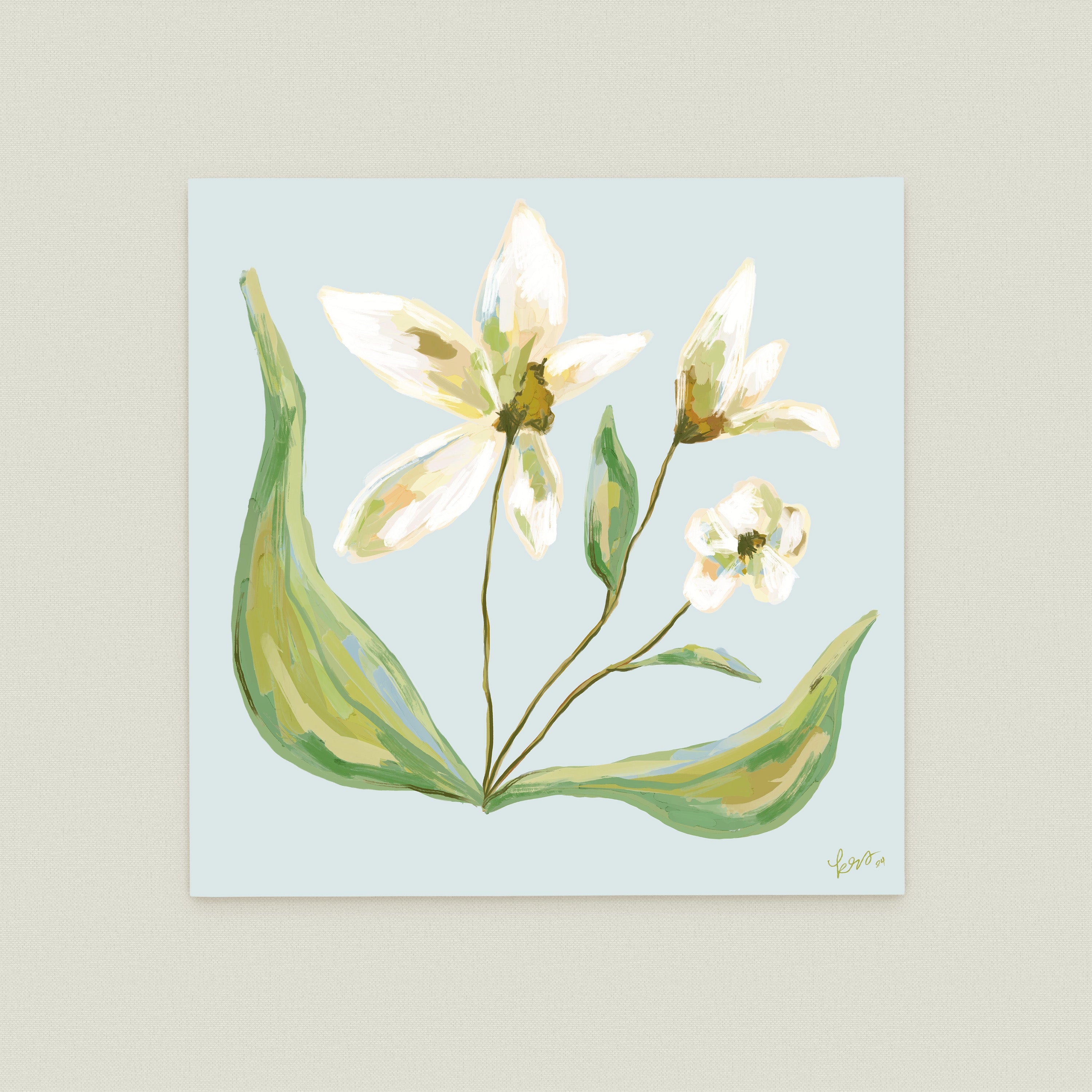 A painting of white flowers with green leaves against a light blue background.