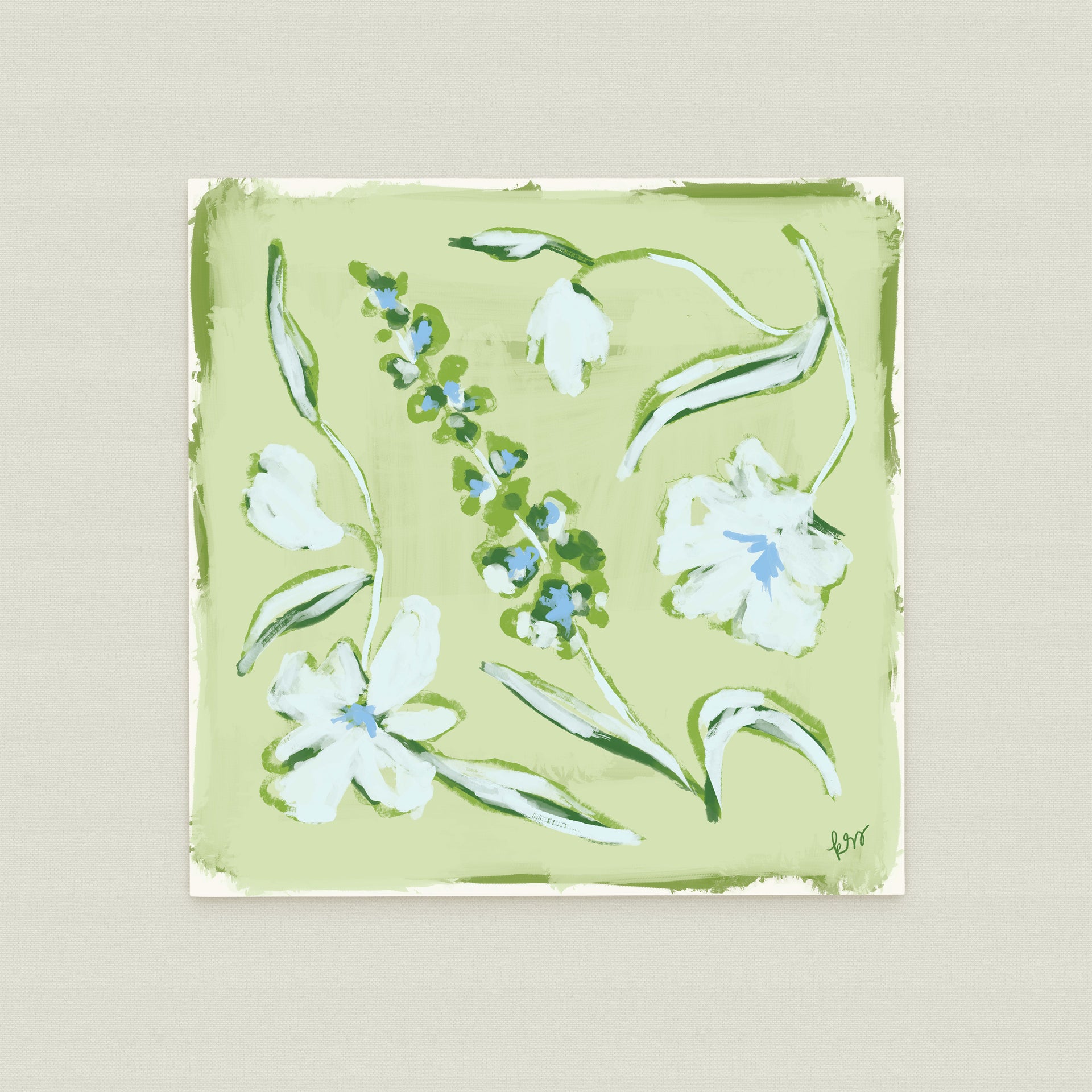 The image is a square painting featuring various white flowers and green leaves against a light green background.