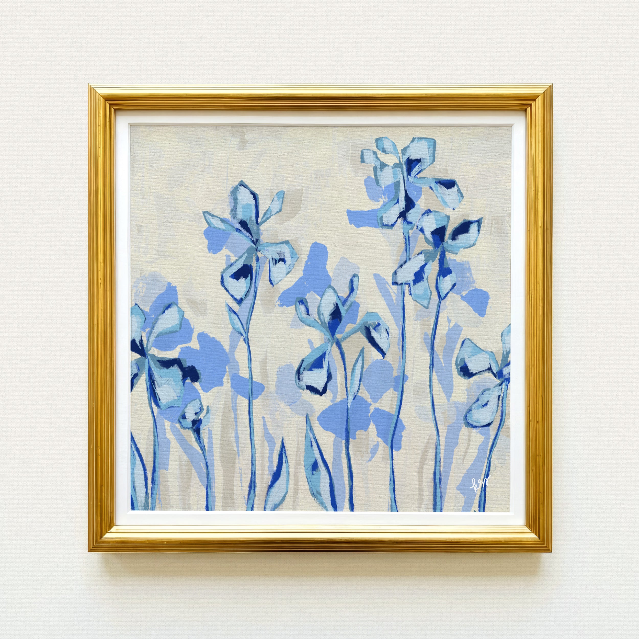 The image is a framed painting of blue flowers on a white background.