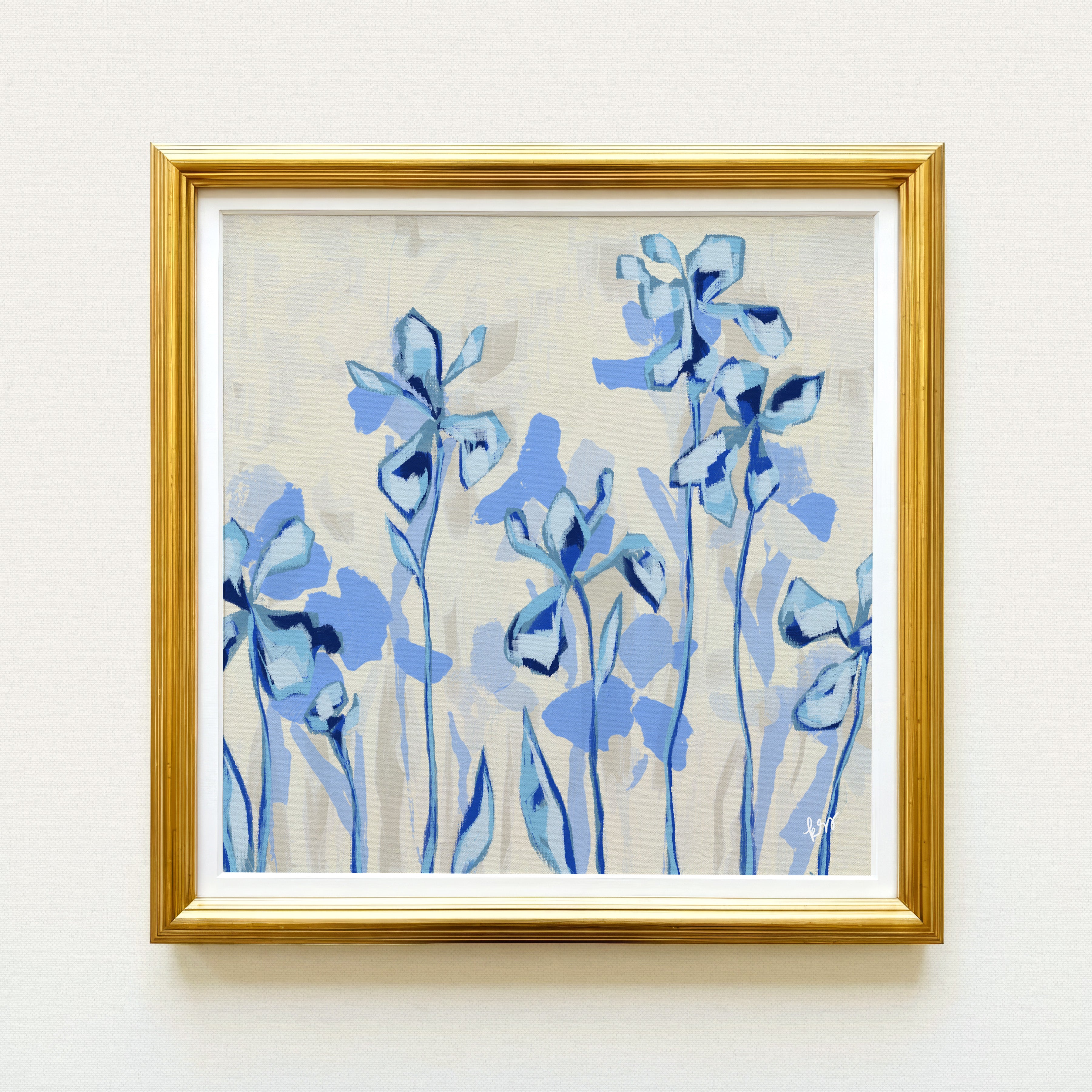 The image is a framed painting of blue flowers on a white background.