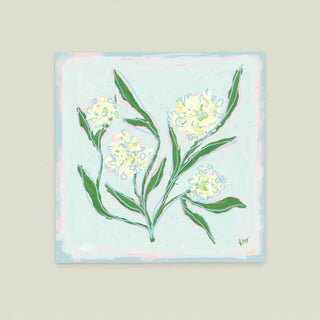 Hydrangea Study No. 9: a bouquet of white flowers with green leaves against a light blue background.