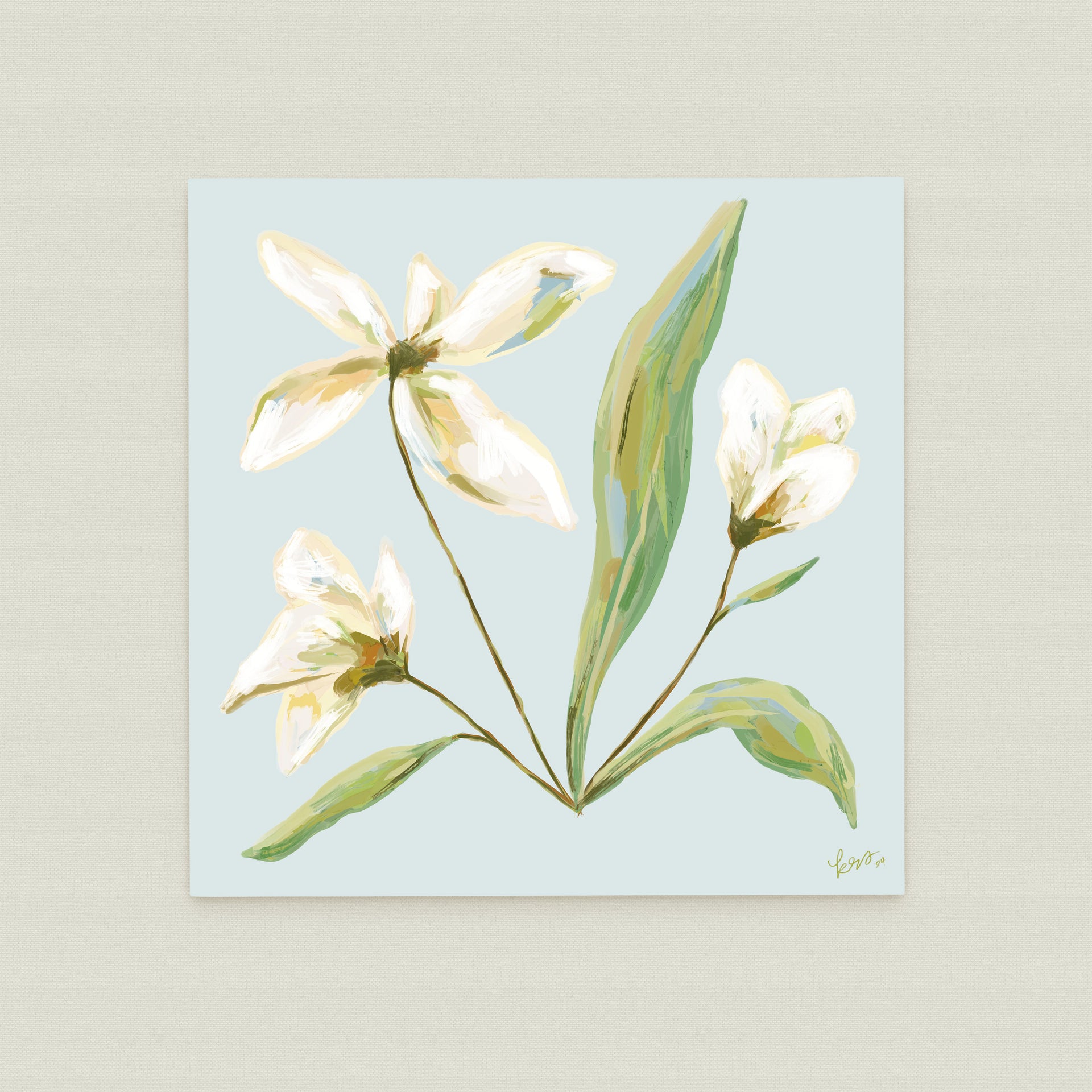 a bouquet of white flowers with green leaves, arranged in a stylized manner.