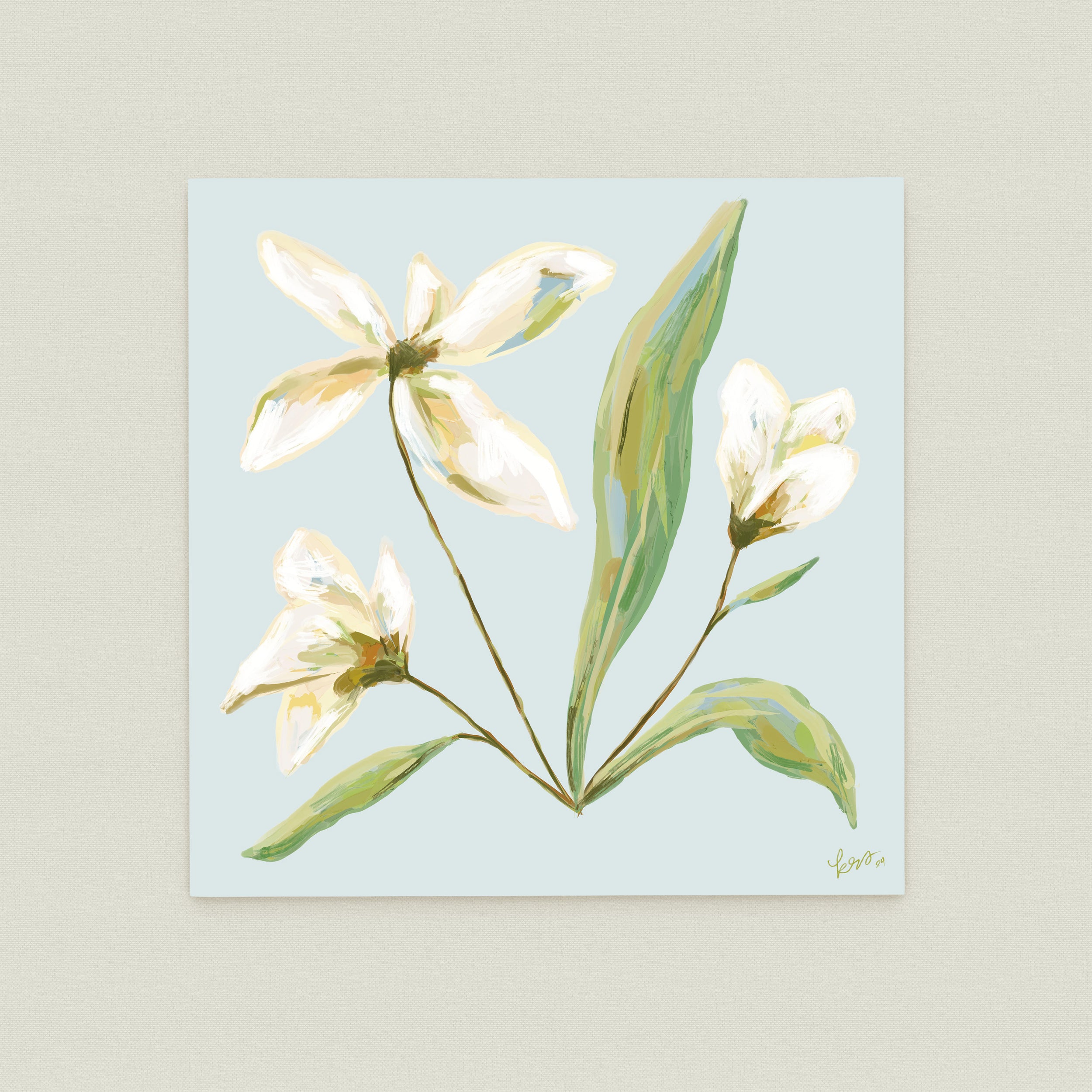 a bouquet of white flowers with green leaves, arranged in a stylized manner.