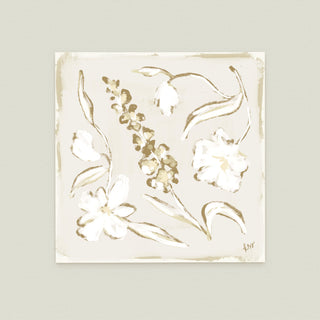 Garden Arrangement No. 12: various white flowers and leaves in a beige color palette.