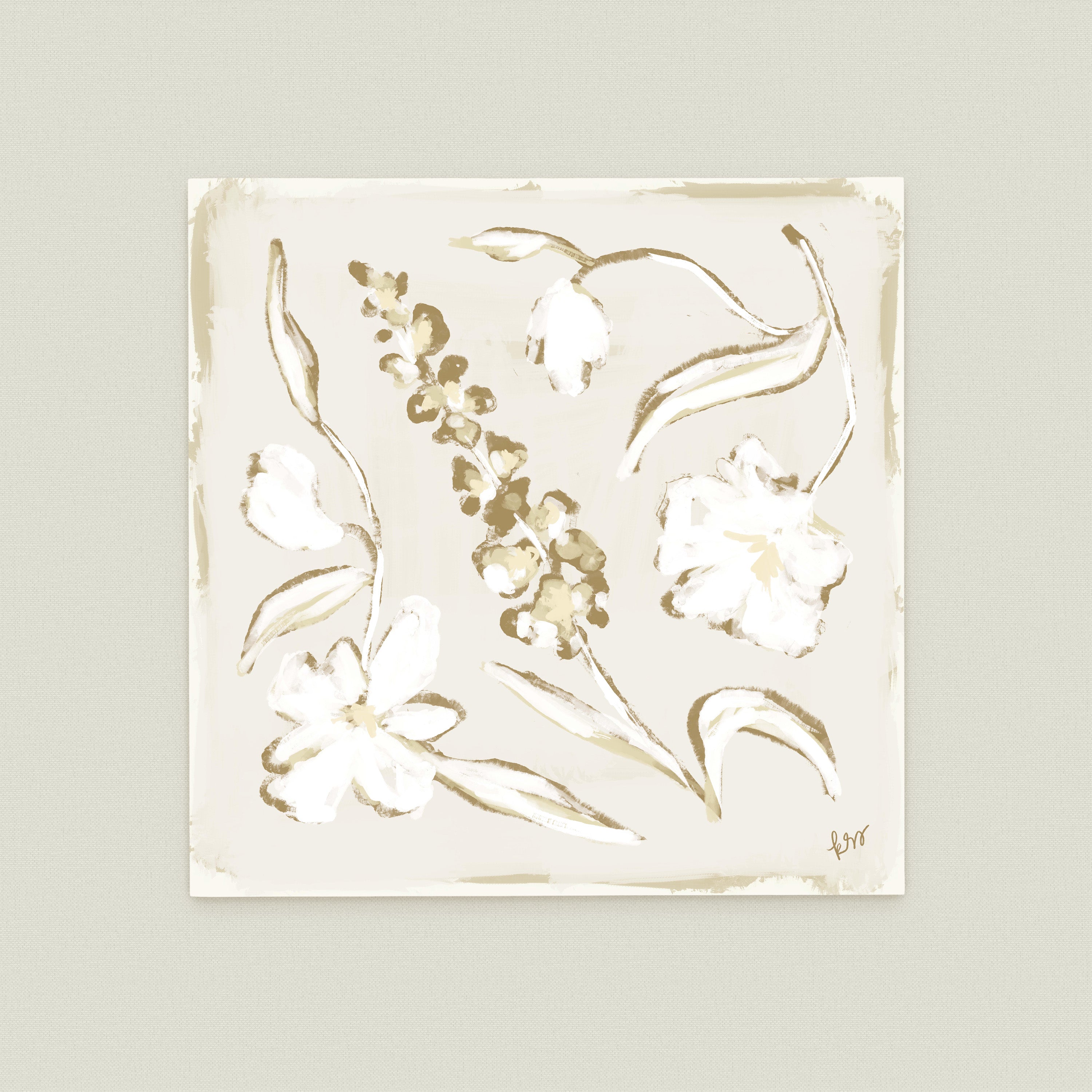 The image is a square painting featuring various white flowers and leaves in a beige color palette.