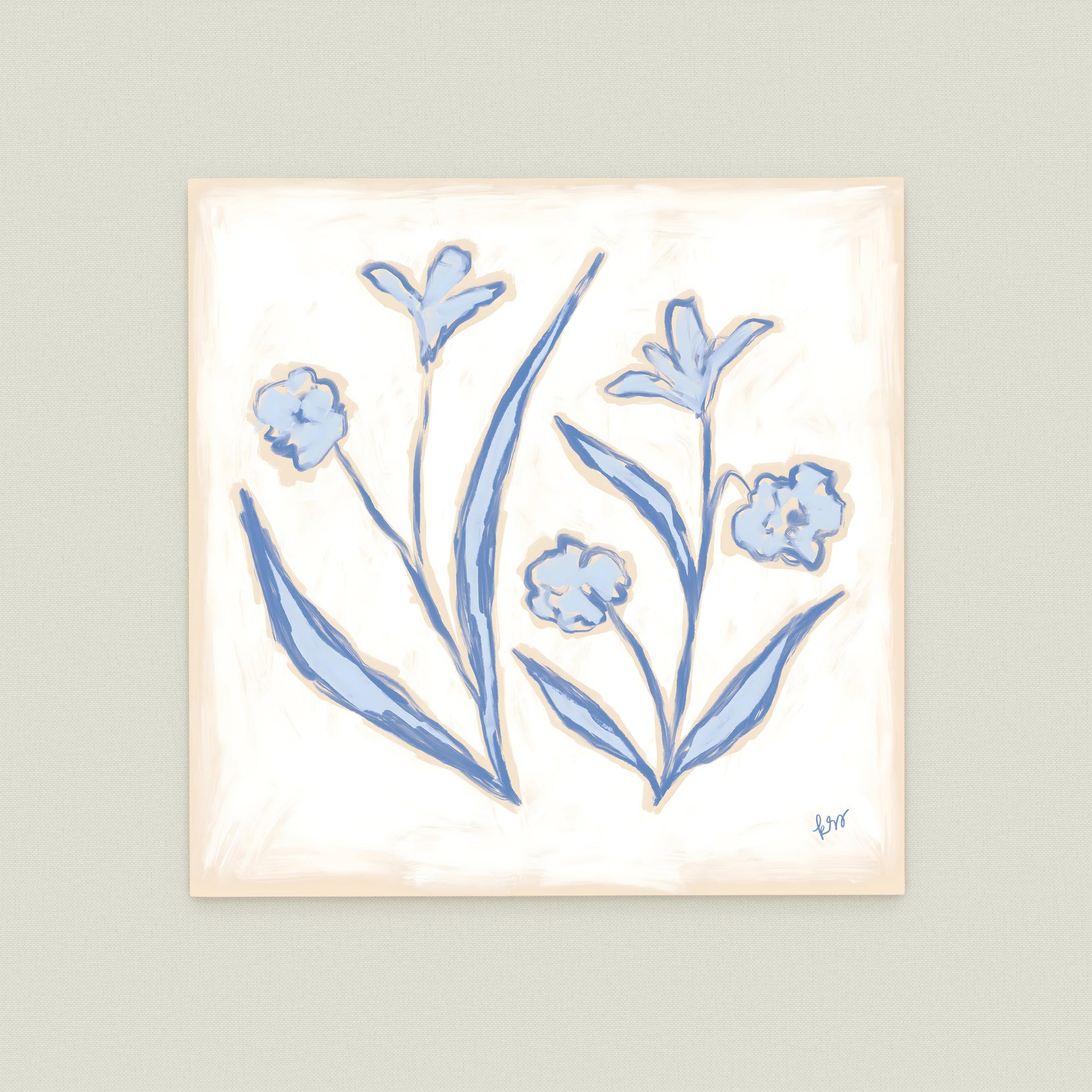 The image is a square-shaped painting featuring blue flowers and leaves.