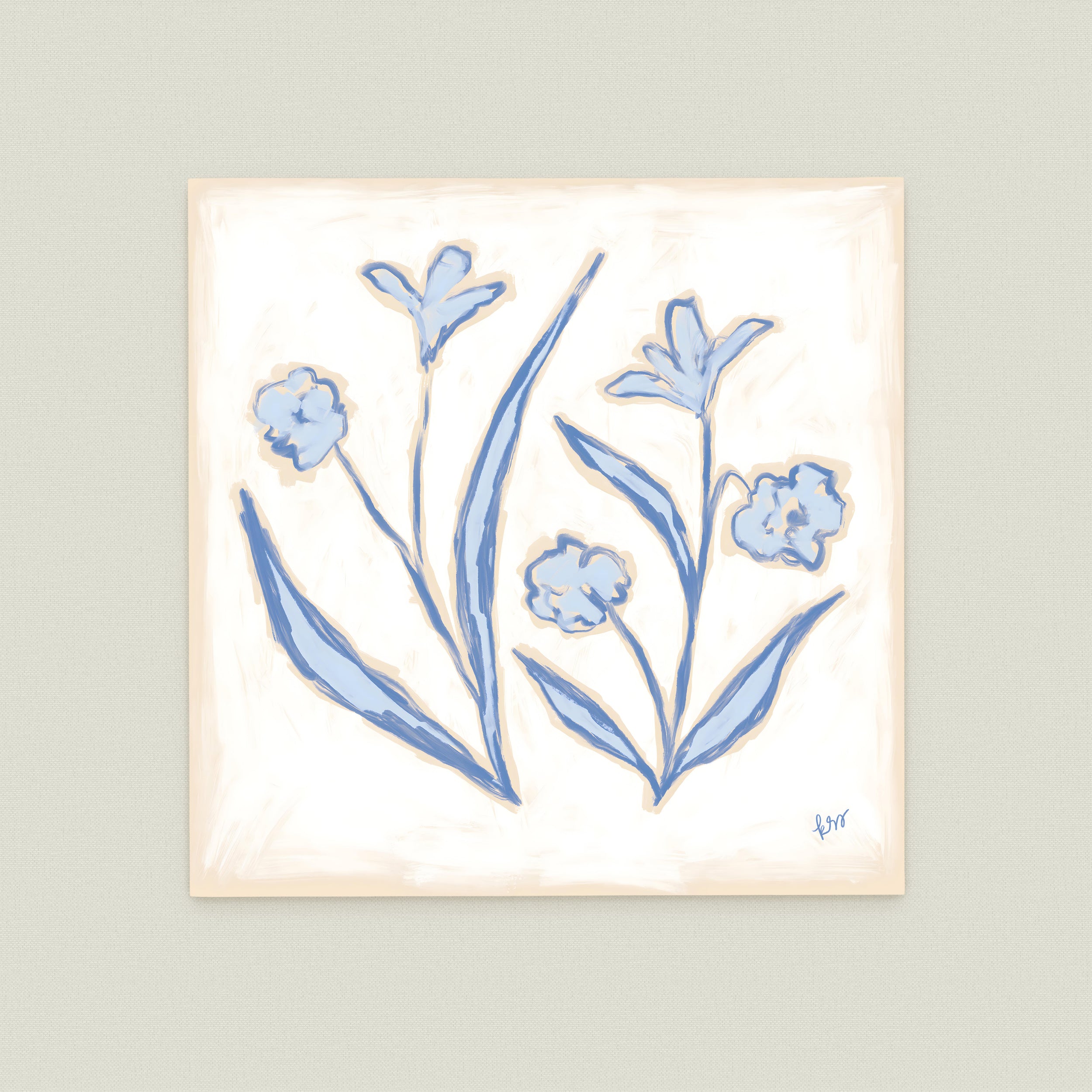 The image is a square-shaped painting featuring blue flowers and leaves.