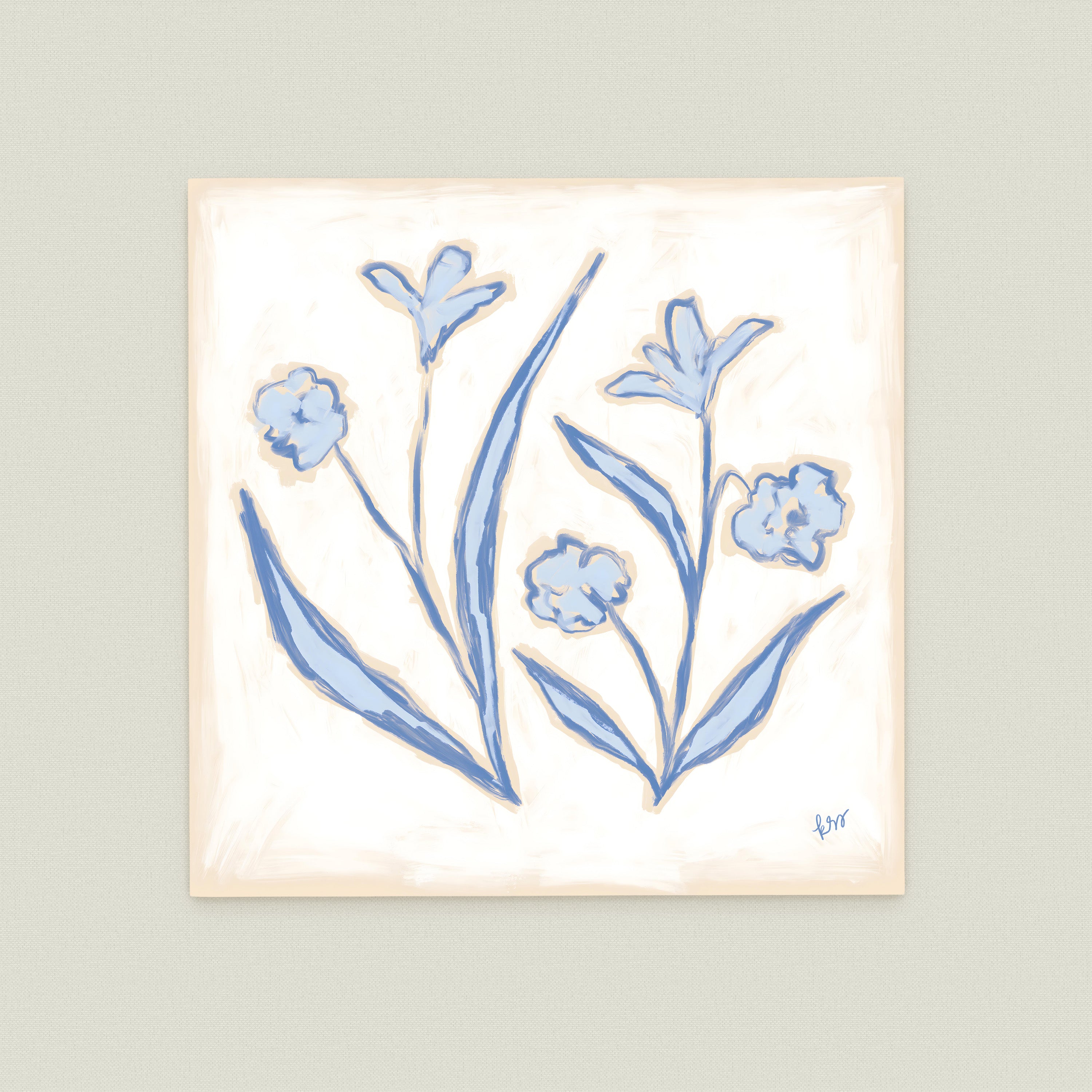 The image is a square-shaped painting featuring blue flowers and leaves.
