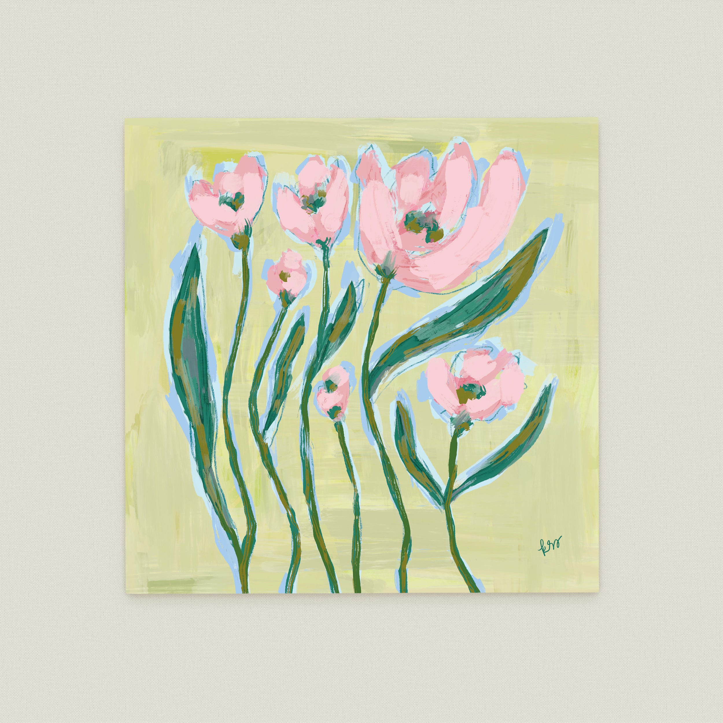 The image is a painting of pink flowers with green stems, arranged in a group against a yellow background.