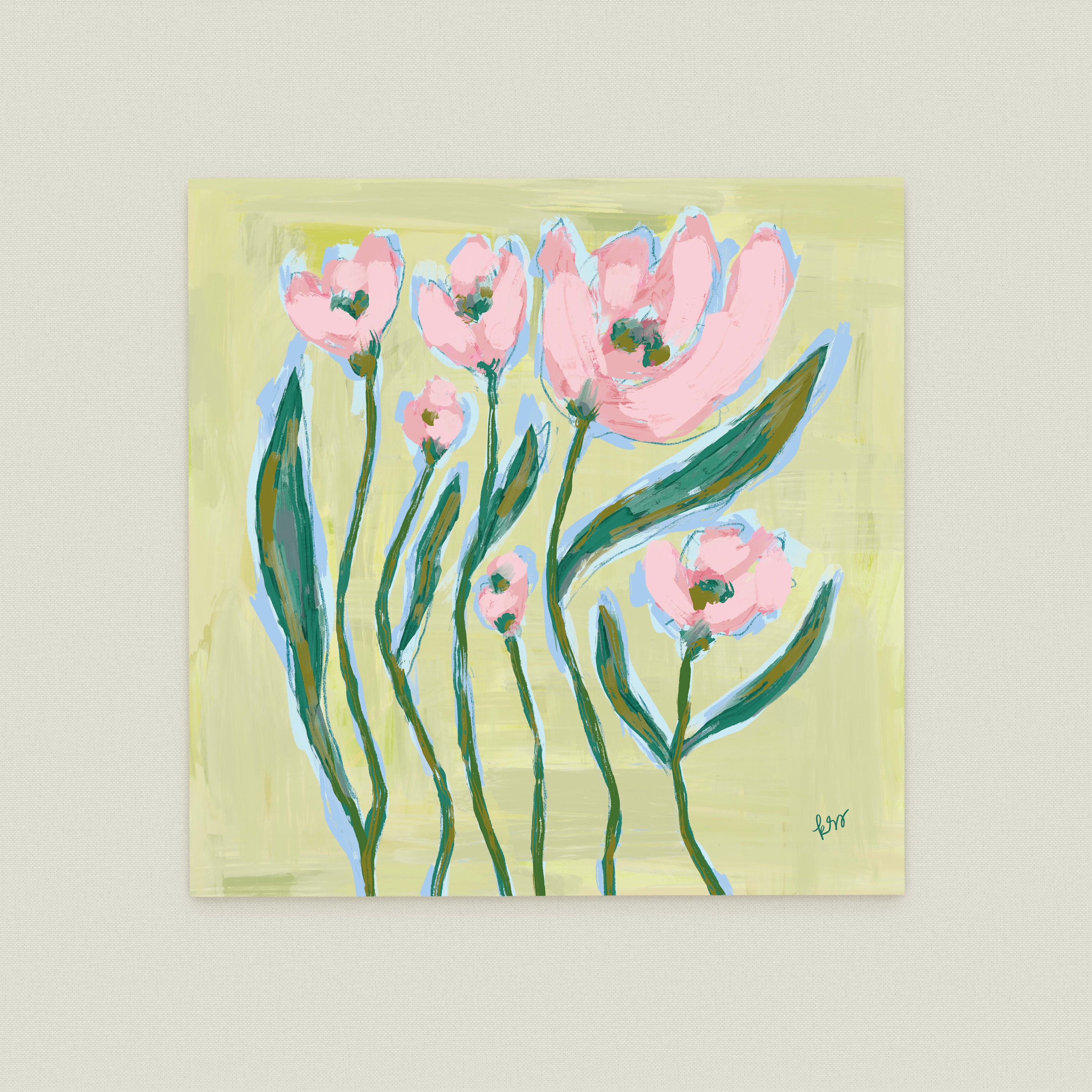 The image is a painting of pink flowers with green stems, arranged in a group against a yellow background.