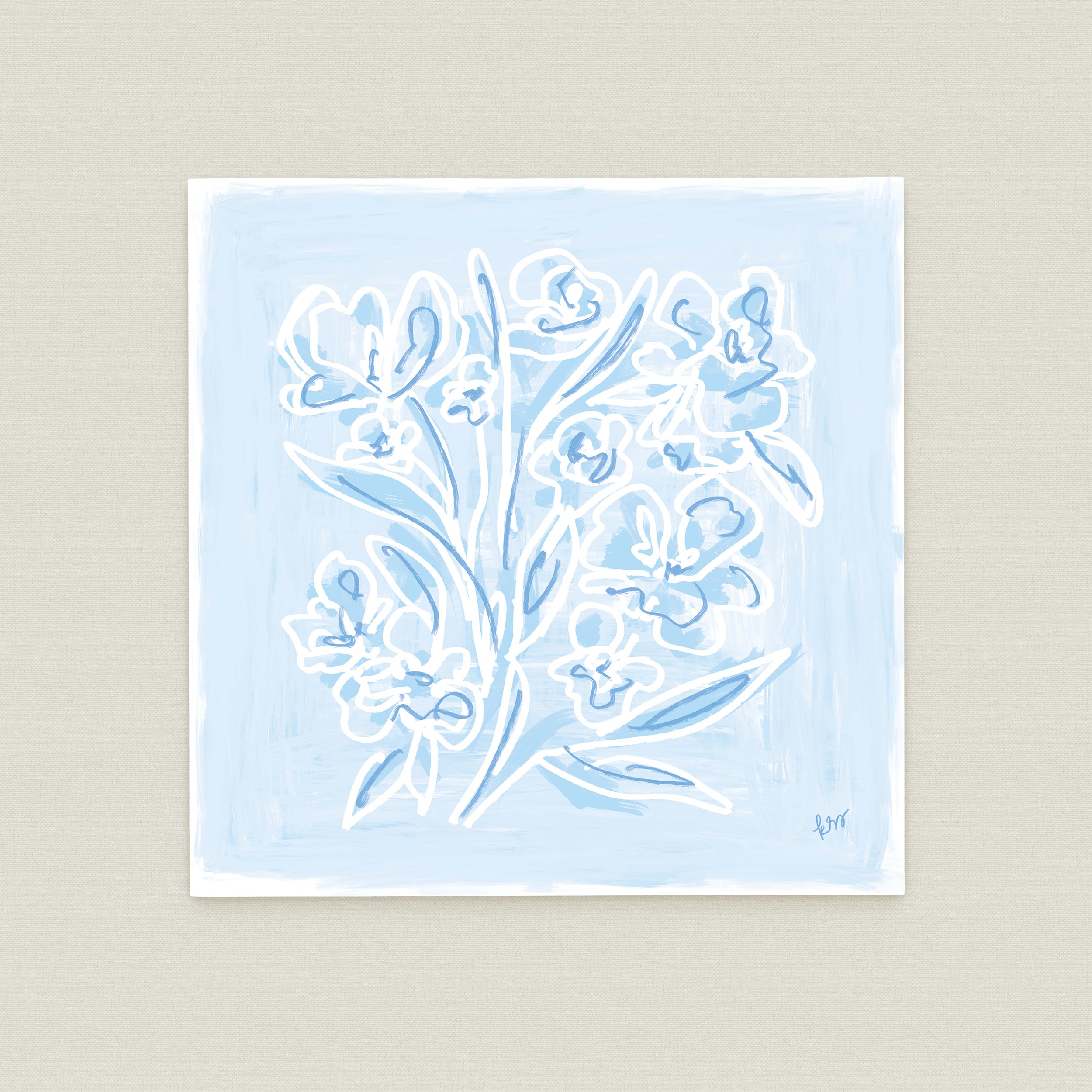 The image is a square-shaped painting featuring a stylized depiction of flowers in various shades of blue.