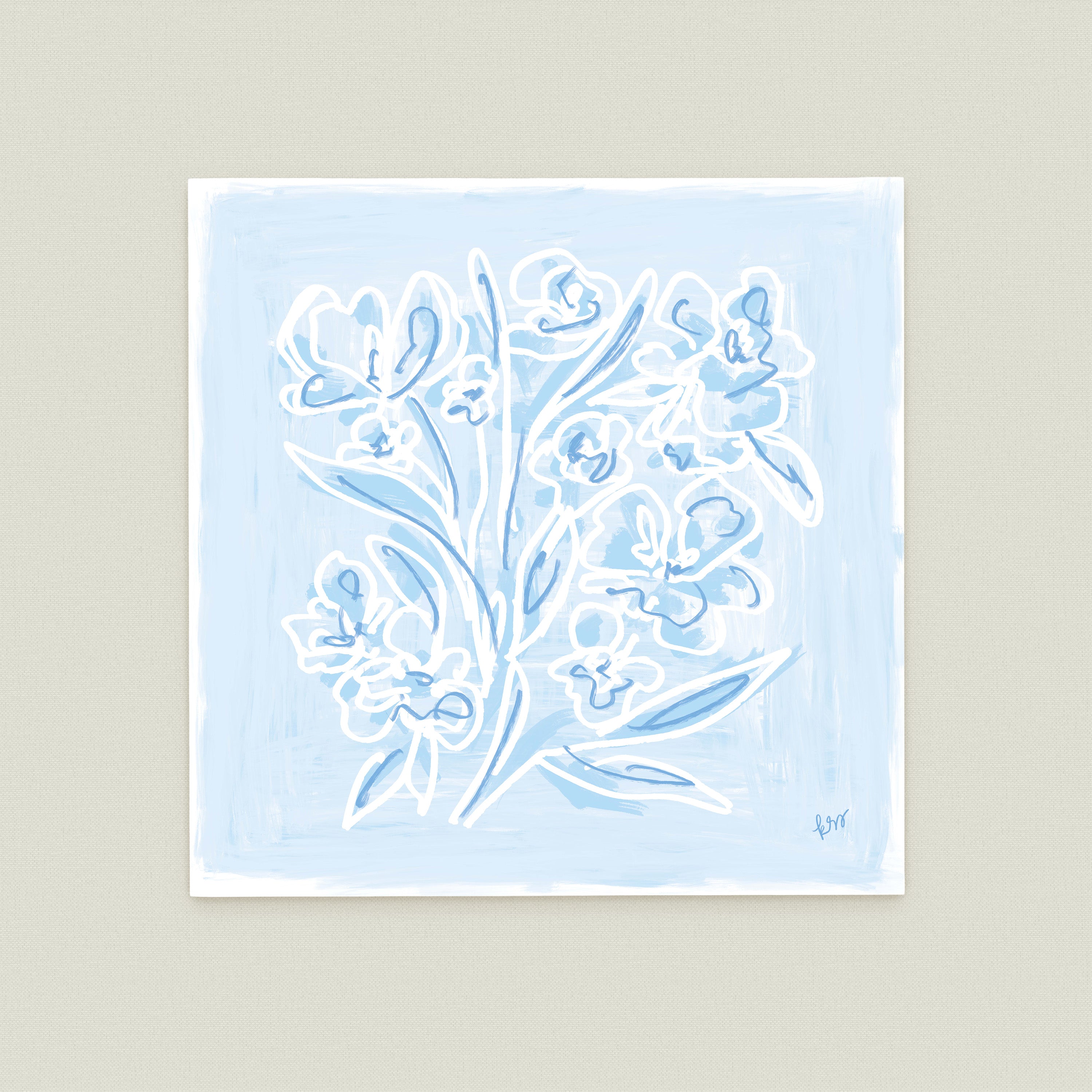 The image is a square-shaped painting featuring a stylized depiction of flowers in various shades of blue.