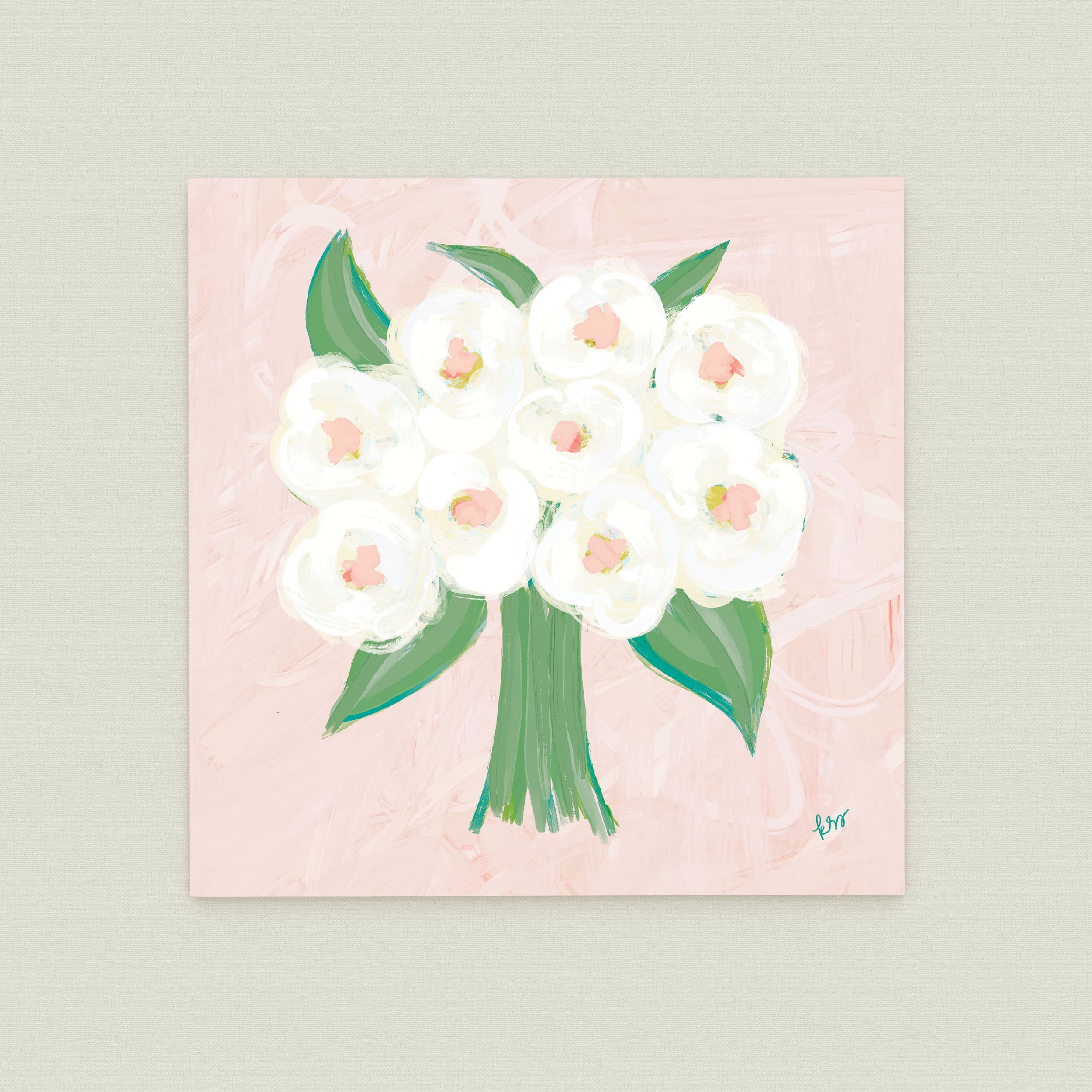A bouquet of white flowers with green leaves, arranged in a square frame against a pink background.