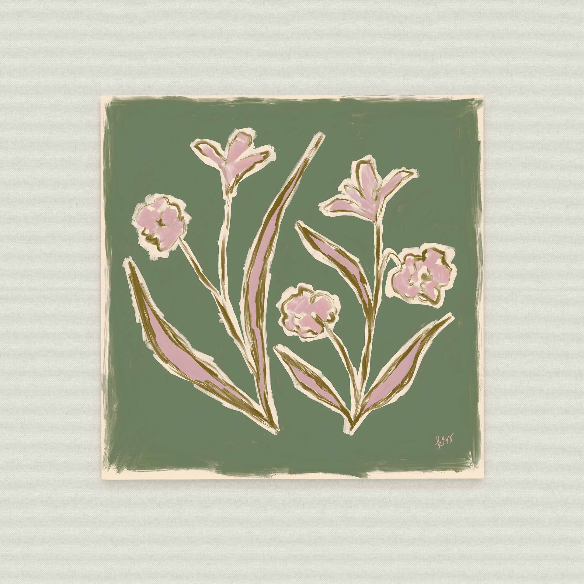 The image is a square painting featuring a stylized arrangement of pink flowers against a green background.