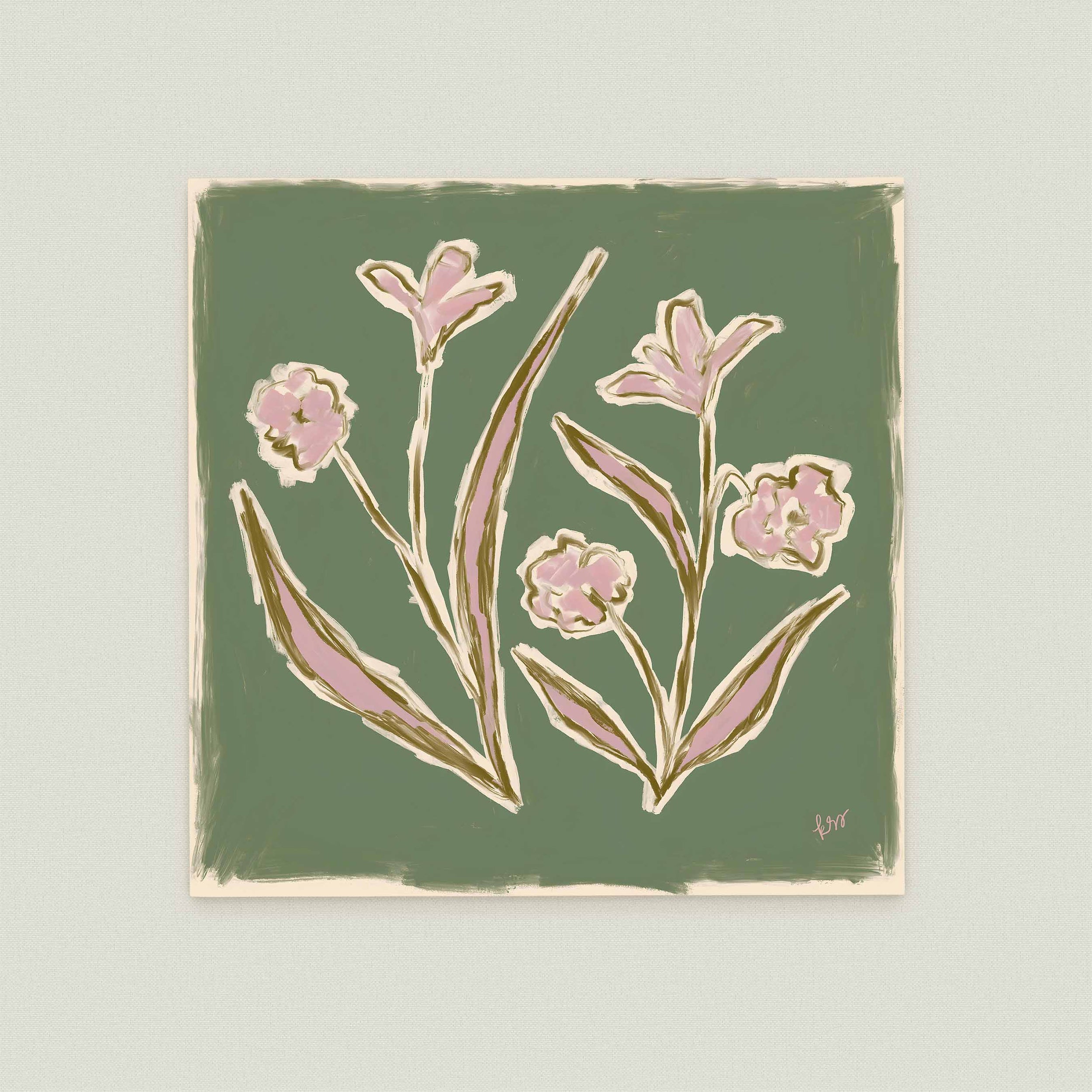 The image is a square painting featuring a stylized arrangement of pink flowers against a green background.