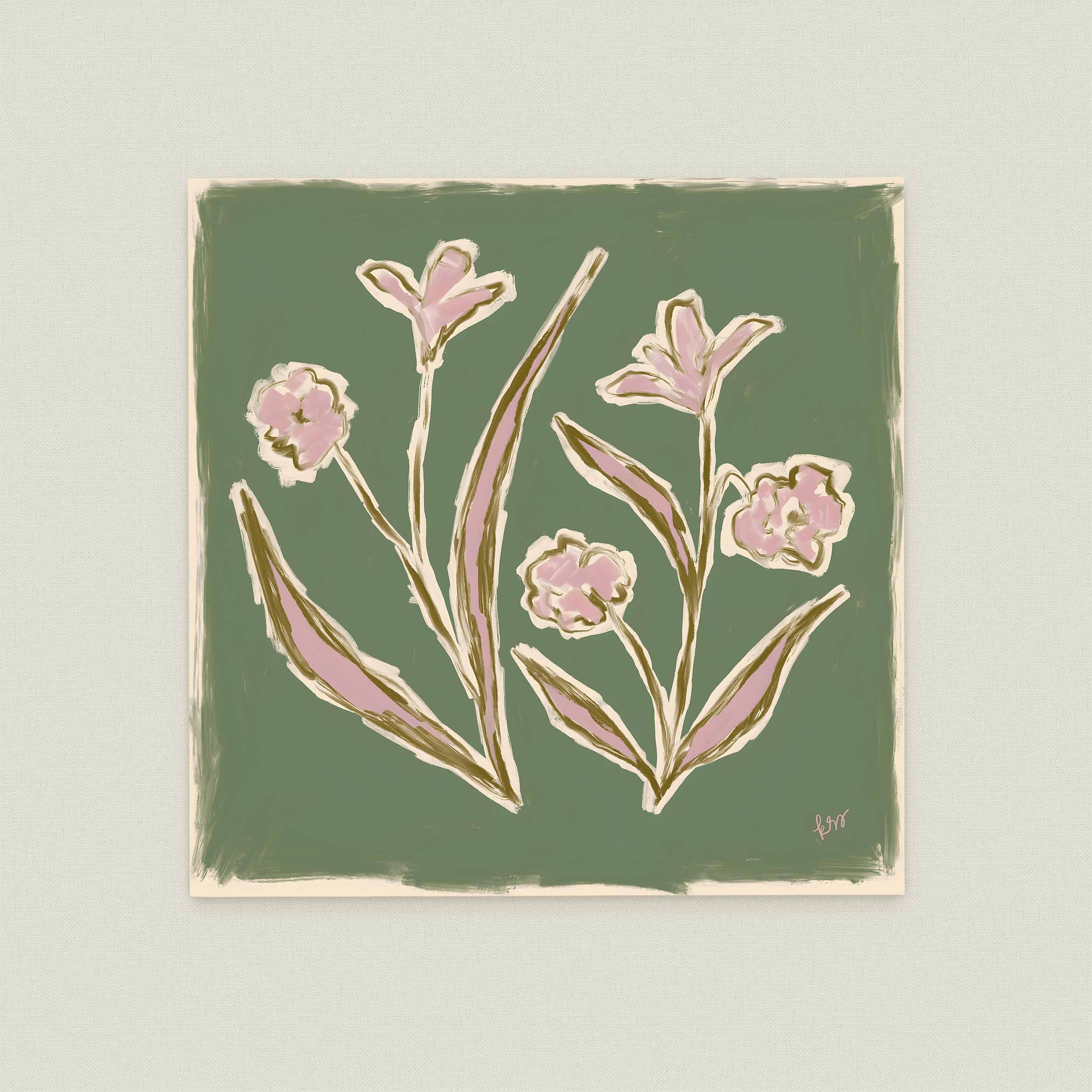 The image is a square painting featuring a stylized arrangement of pink flowers against a green background.