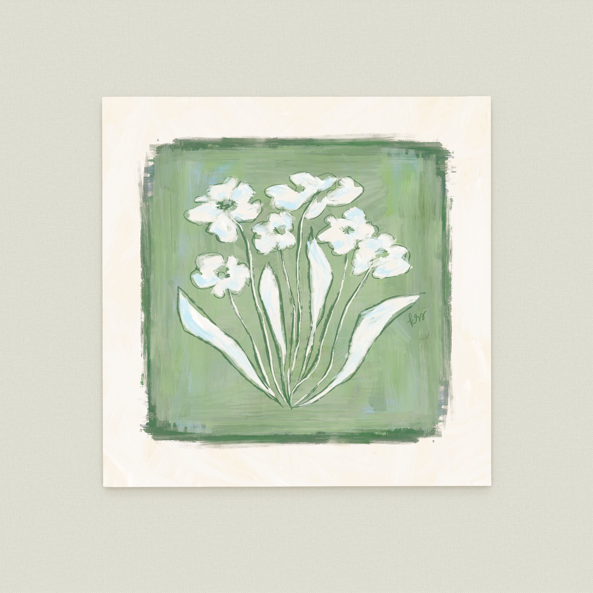 A square painting featuring a group of white flowers against a green background.